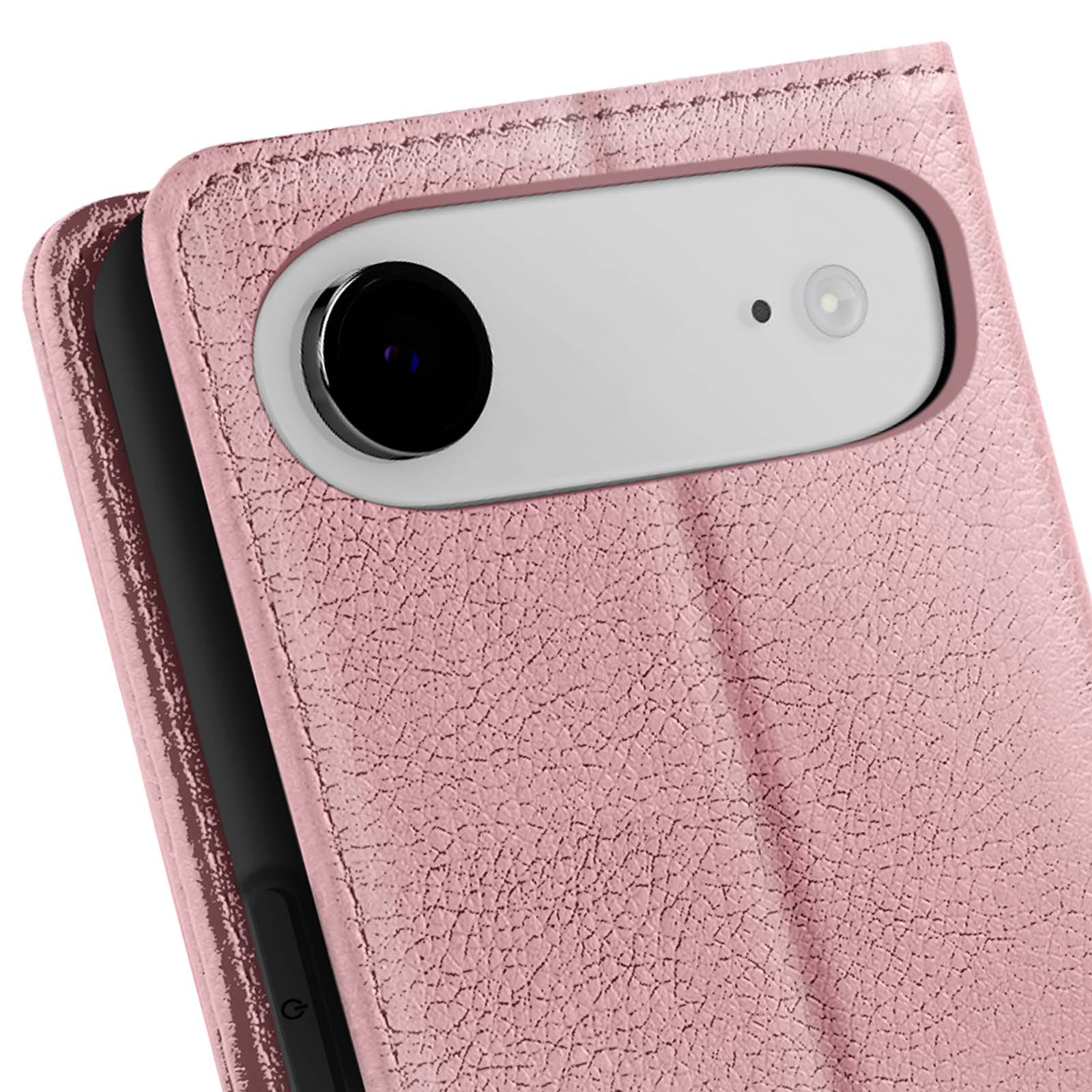 Primo piano di una custodia per telefono rosa con funzioni della fotocamera visibili. La custodia ha una superficie strutturata ed è leggermente aperta.