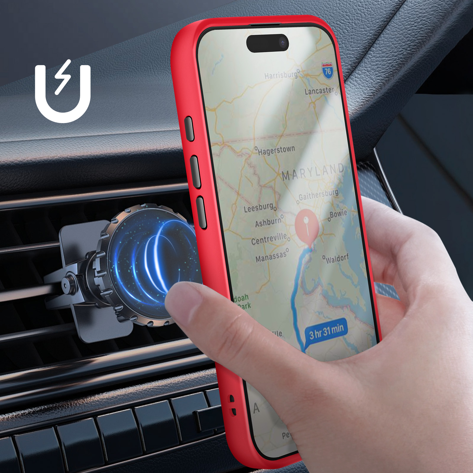 Una mano tiene in mano un telefono rosso con una mappa visualizzata di fronte al cruscotto di un'auto. Un supporto per telefono è attaccato alla presa d'aria.