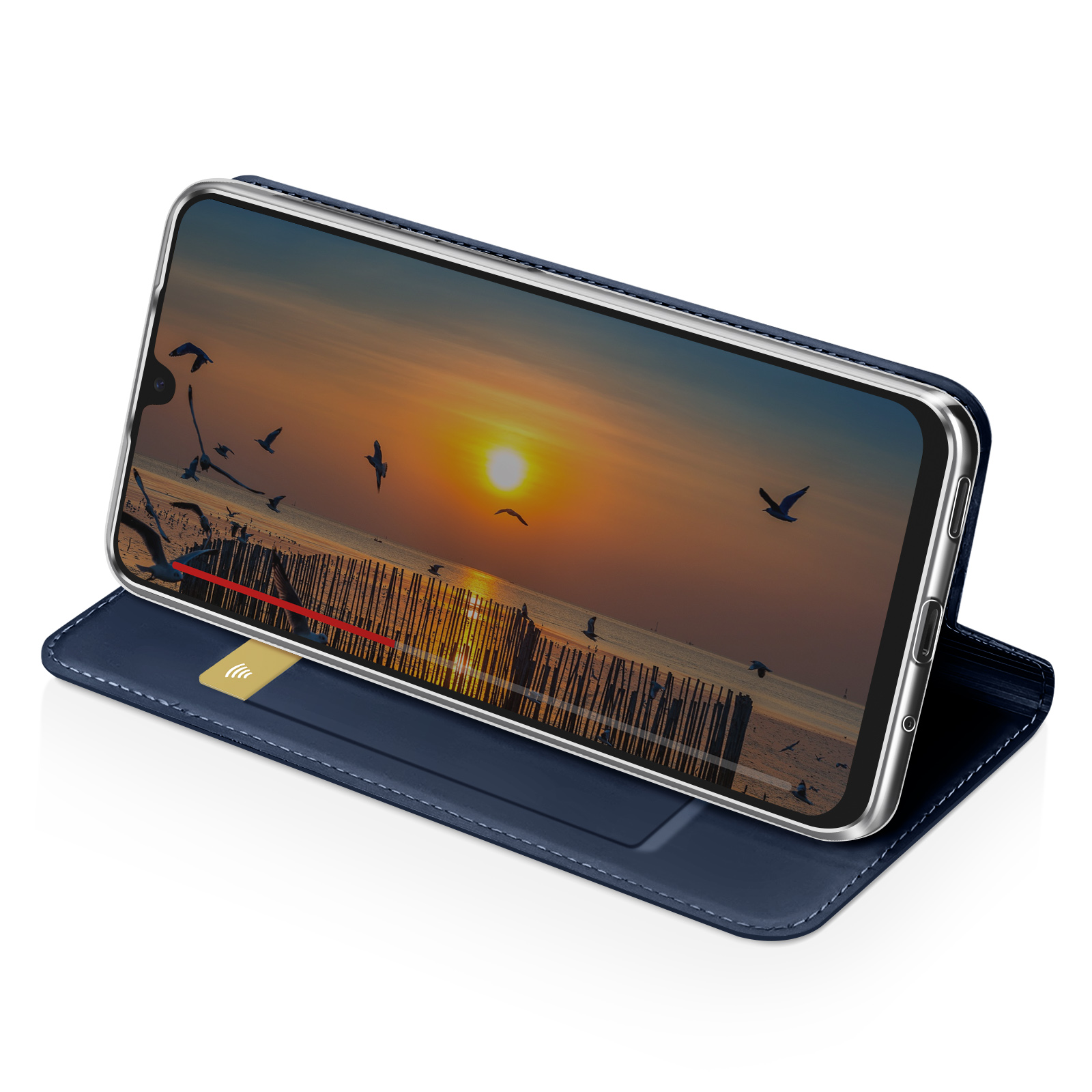 Un telefono che mostra un tramonto con uccelli, all'interno di una custodia blu. La custodia è aperta.