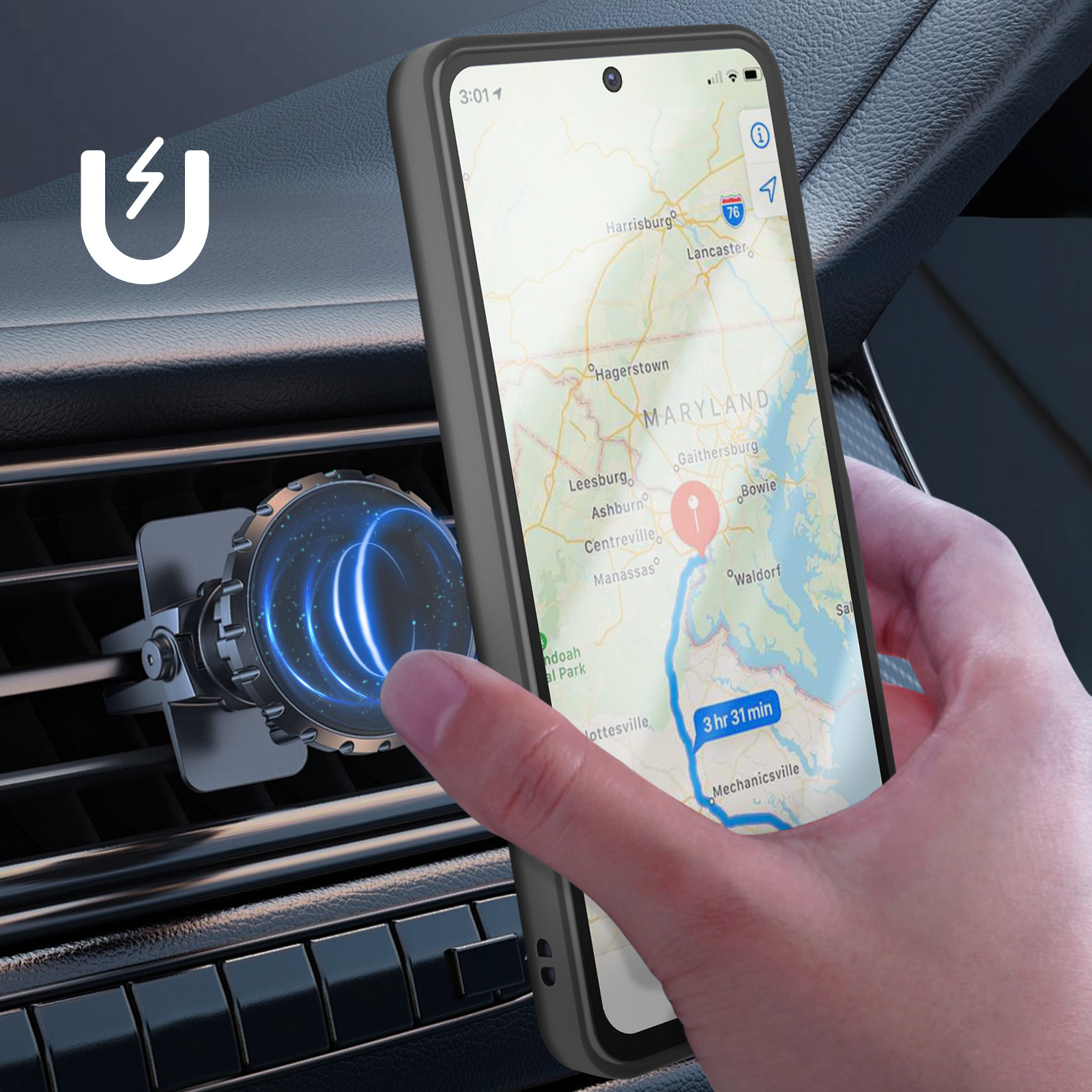 Een telefoon met een kaart wordt in de buurt van een ventilatieopening gehouden. Een magnetische telefoonhouder voor in de auto is bevestigd.