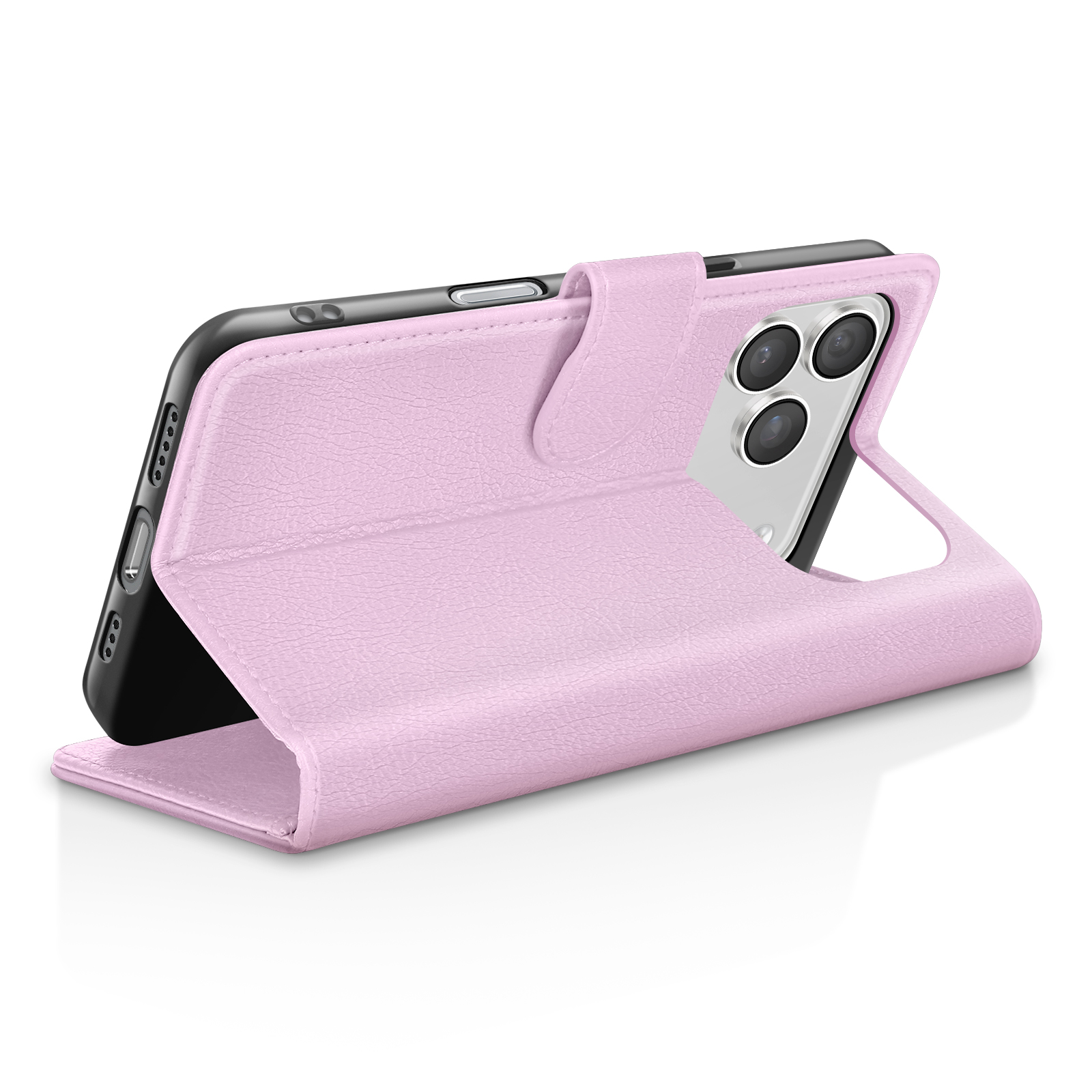 Een roze telefoonhoesje met een telefoon erin wordt weergegeven en toont de cameralenzen van de telefoon.