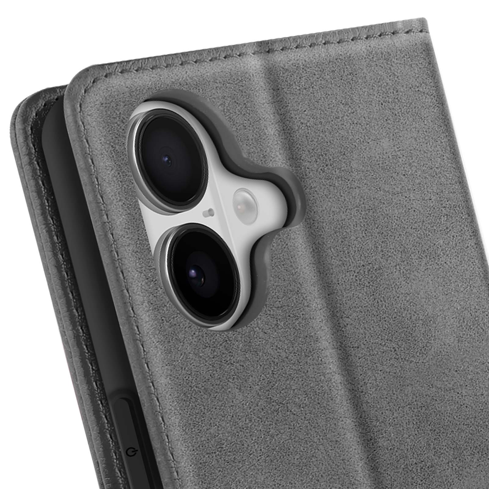 Primo piano di una custodia per telefono con lenti della fotocamera. La custodia è grigia, le lenti sono nere e argento.