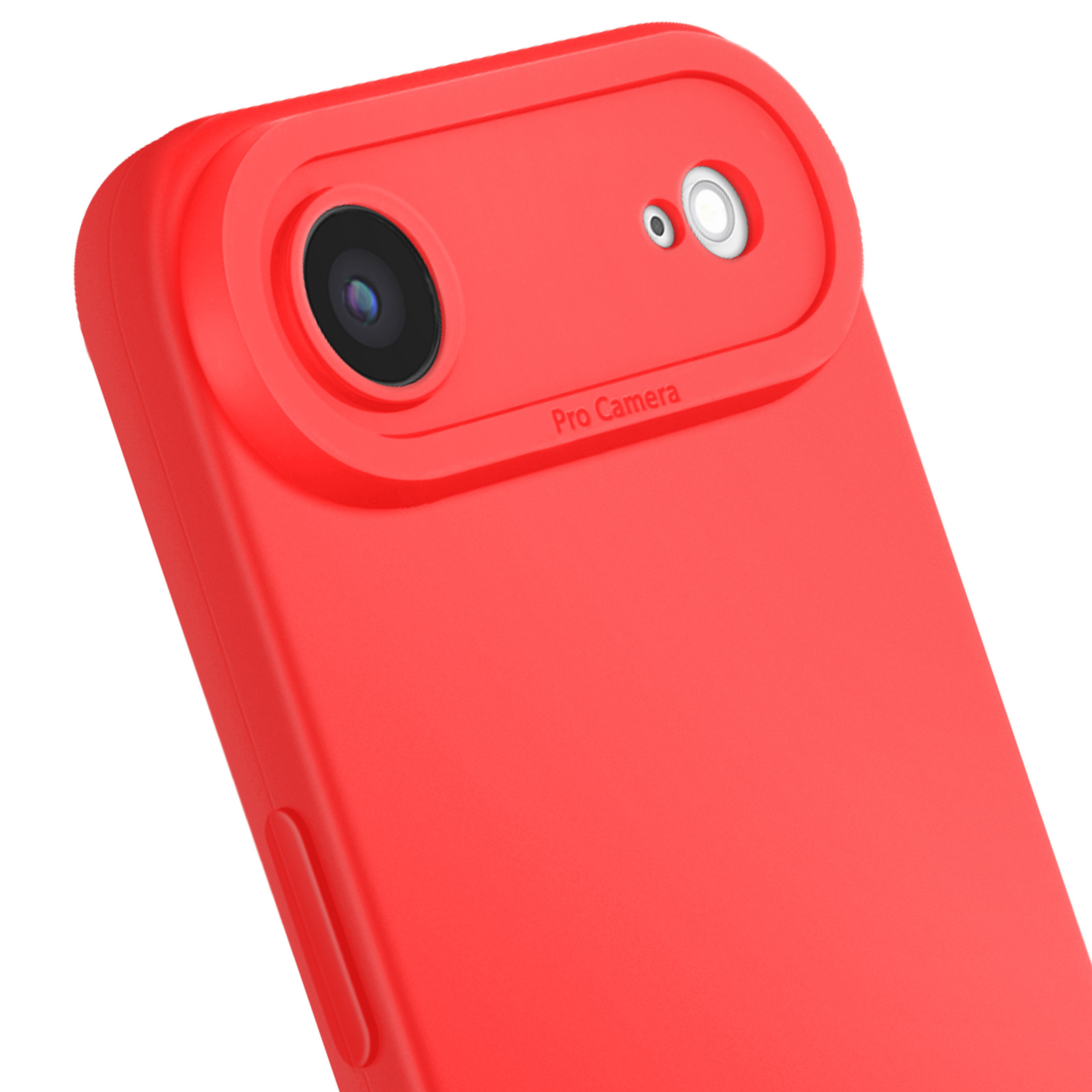 Une coque de téléphone rouge avec une découpe pour la caméra. Contient un objectif, un flash et les mots 'Pro Camera'.