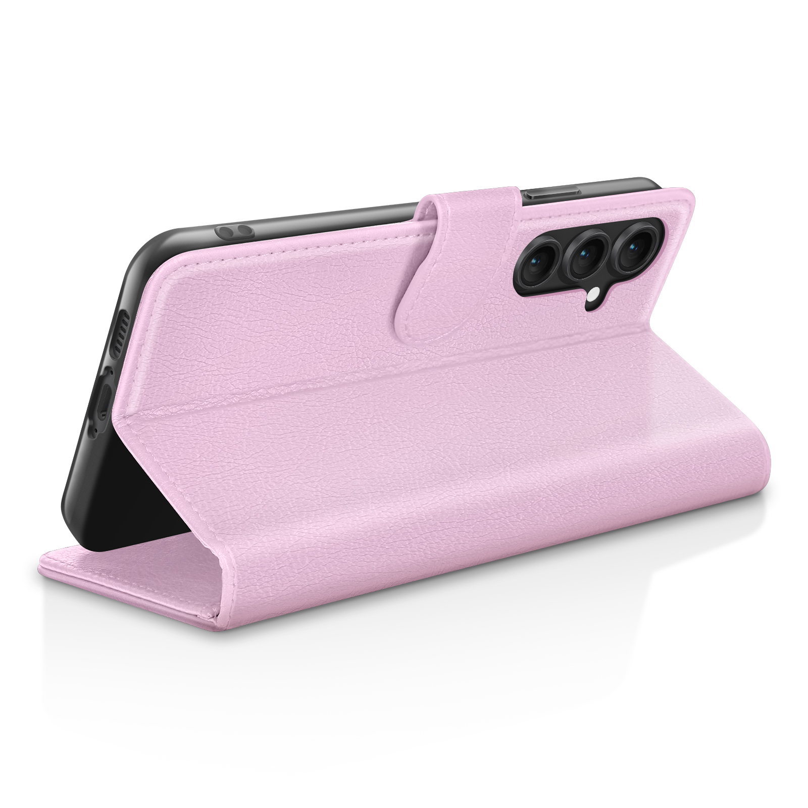 Roze telefoonhoesje met telefoon erin. De hoes is open en toont de cameralenzen van de telefoon. Witte achtergrond.
