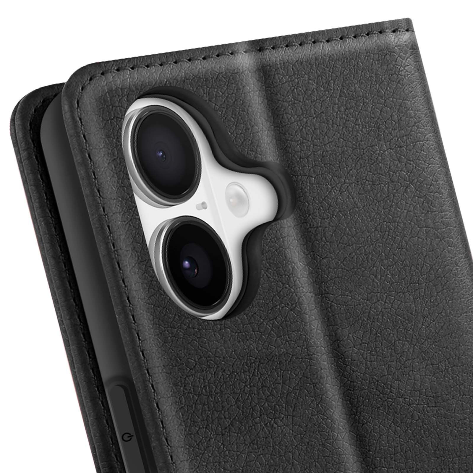 Primo piano di una custodia nera per telefono con lenti della fotocamera. La custodia ha una superficie strutturata ed è leggermente aperta.