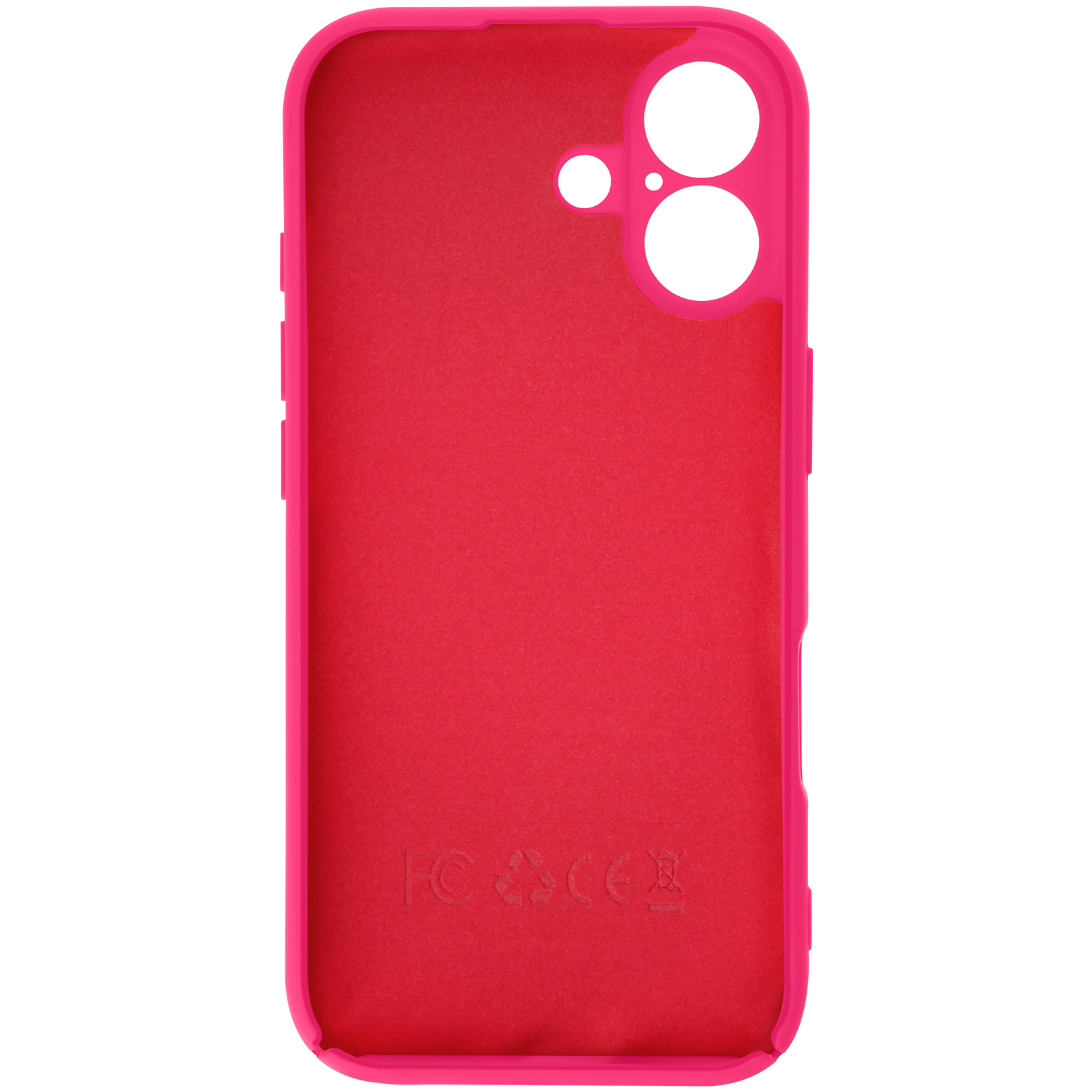 Een roze telefoonhoesje met camera- en knoopuitsparingen. Het binnenste oppervlak is getextureerd, glad frame.