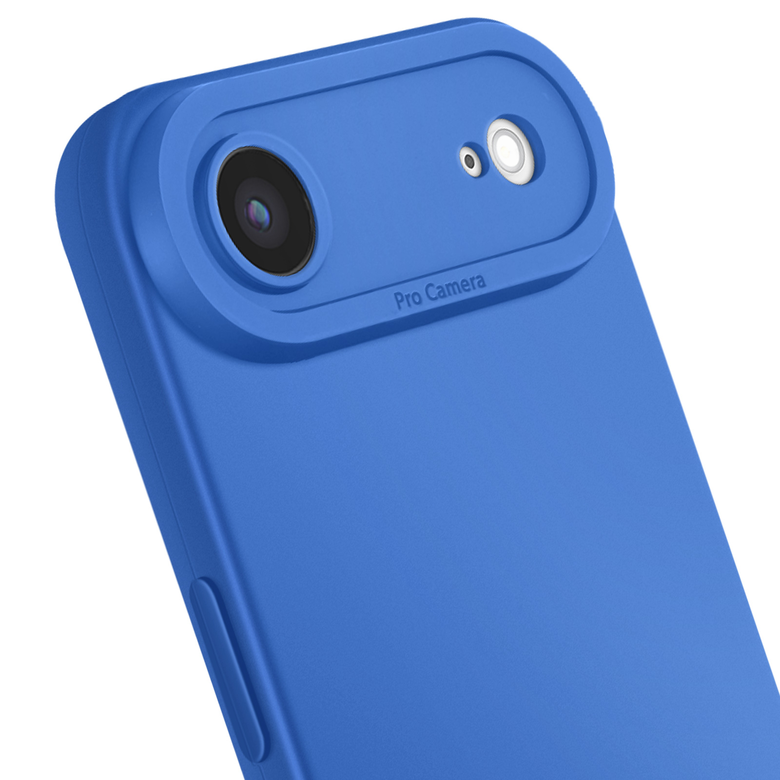 Blauwe telefoonhoes met cameradetail. De hoes heeft een camera-uitsparing met "Pro Camera".