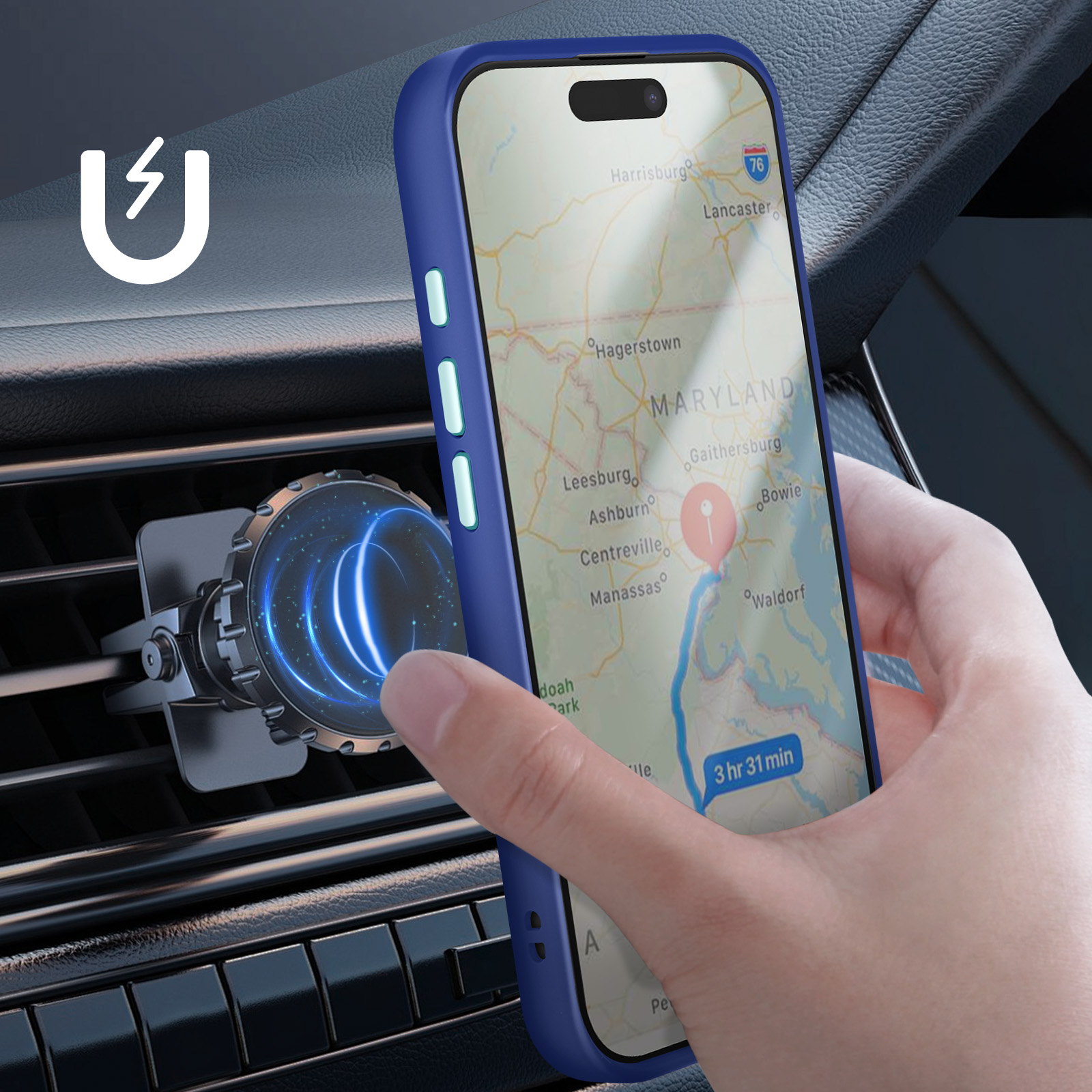 Un telefono con custodia blu mostra una mappa. È montato su una presa d'aria dell'auto con un supporto magnetico.