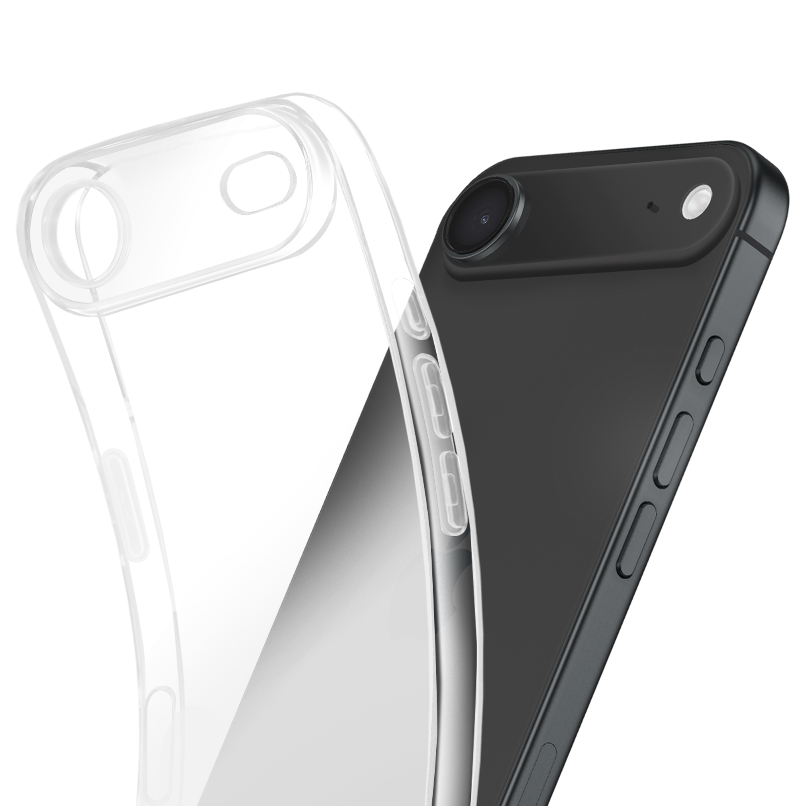 Uno smartphone nero con una custodia trasparente. La custodia copre parzialmente il telefono.