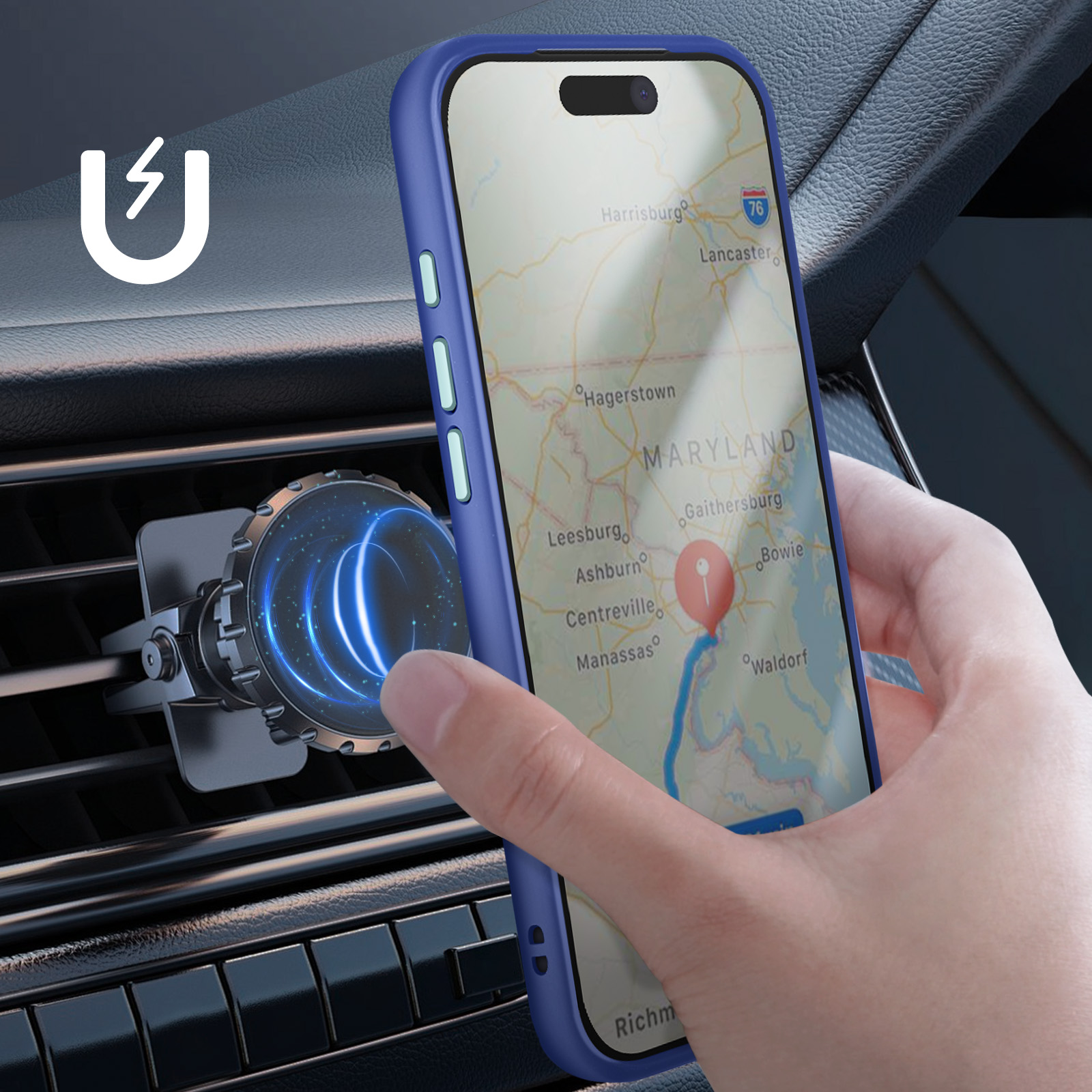 Un téléphone affichant une carte est tenu près d'une ventilation de voiture, à côté d'un support de téléphone magnétique.
