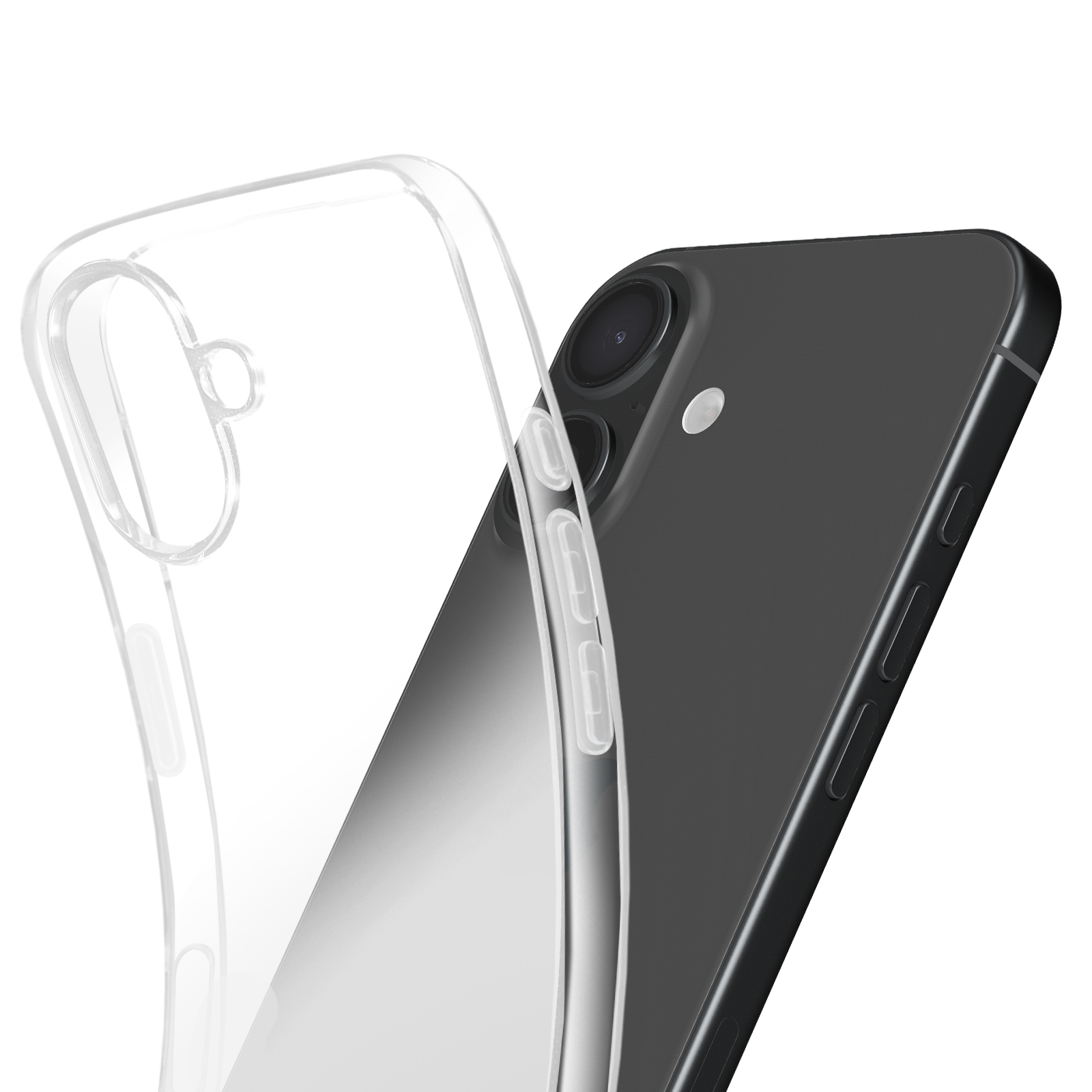 Un étui de téléphone transparent est placé sur un téléphone gris foncé. L'étui est incliné et la caméra du téléphone est visible.