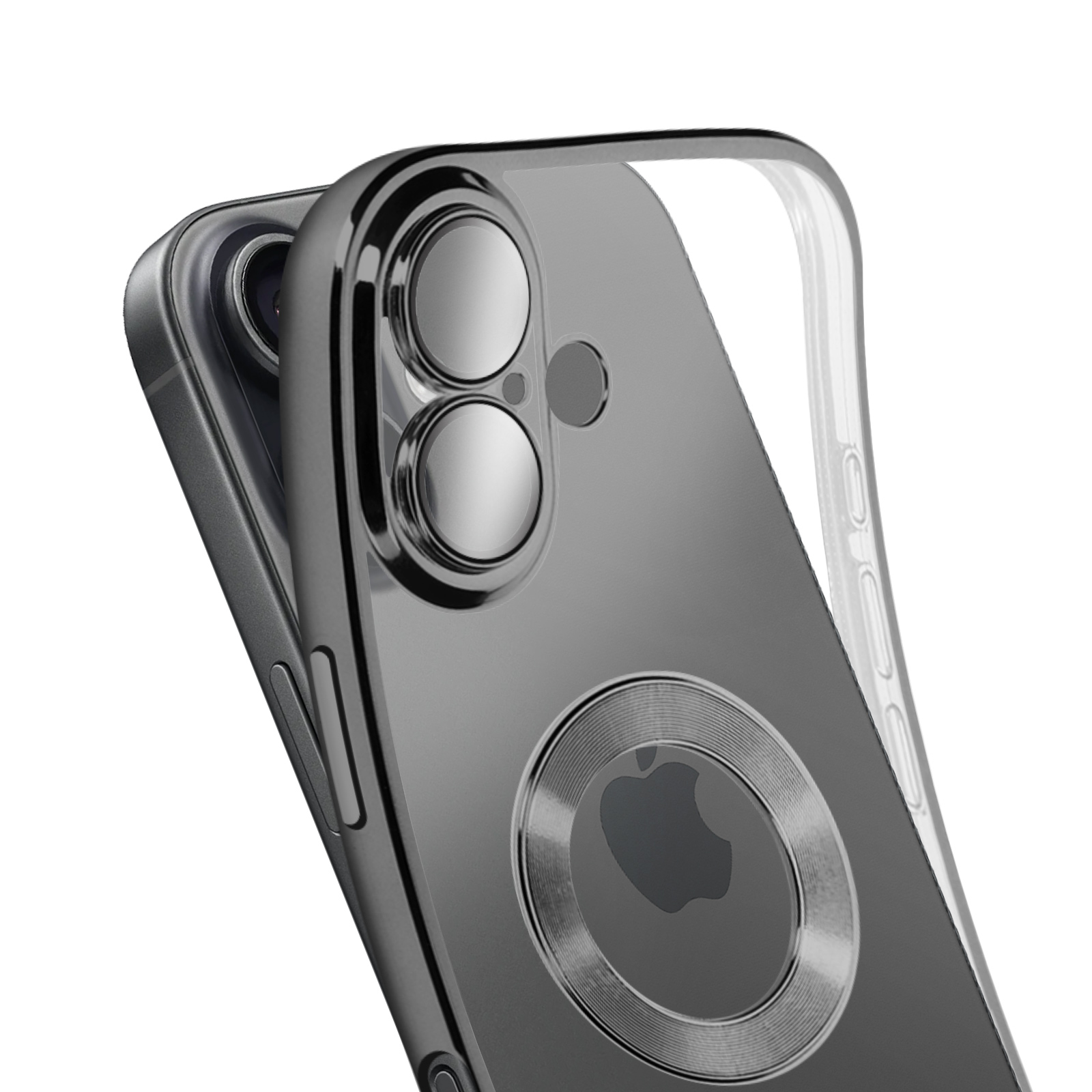 Un étui transparent pour iPhone est incliné, montrant les lentilles de l'appareil photo et le logo Apple. L'étui est transparent.