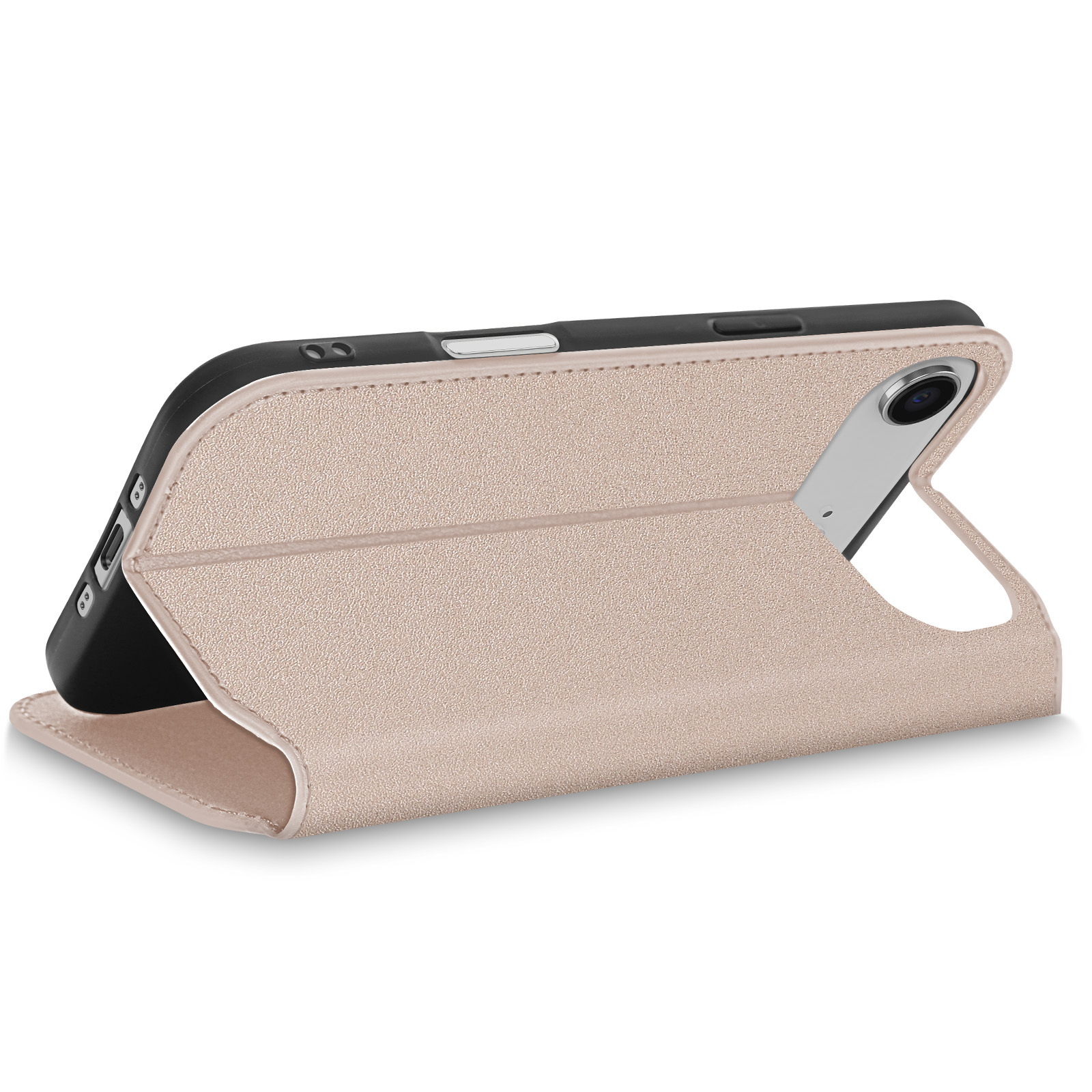 Una custodia per iPad color oro rosa è aperta, sostenendo il dispositivo. La cover è strutturata e l'iPad è nero.