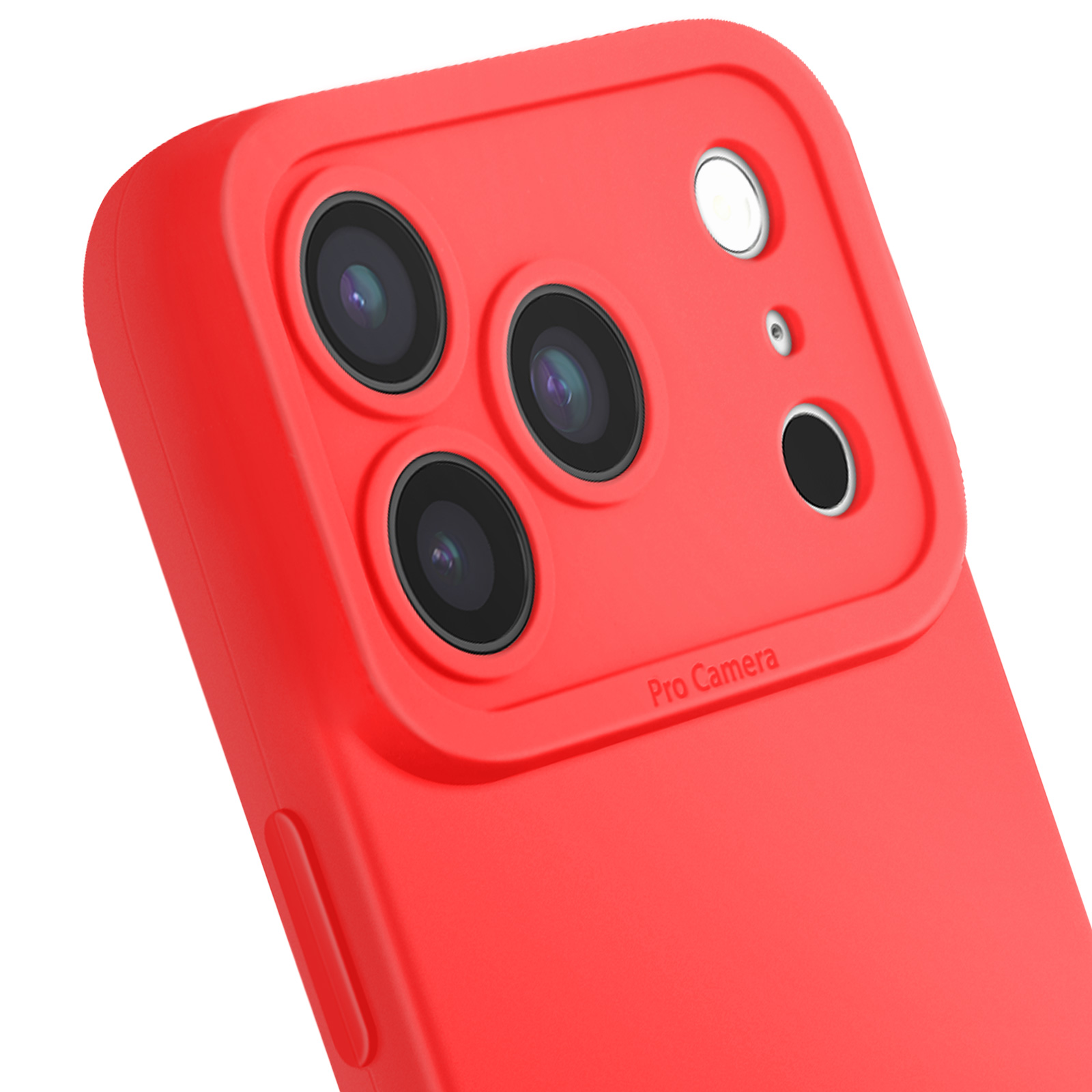 Rode telefoonhoes met cameralenzen, flitser en zwarte stip. 'Pro Camera' staat erop. Witte achtergrond.