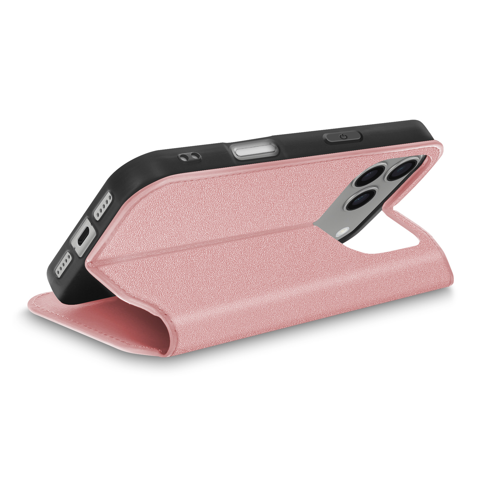 Custodia rosa per telefono, aperta per sostenere il telefono. Telefono nero all'interno. Sfondo bianco, custodia strutturata.
