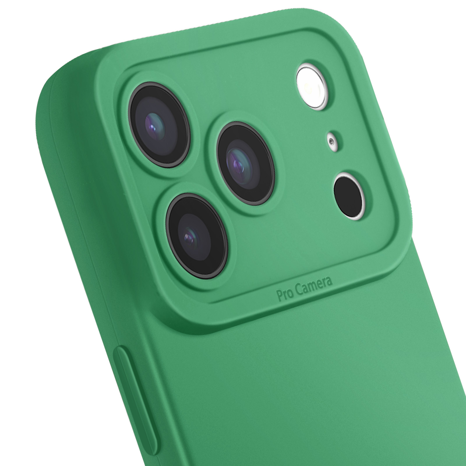 Groene telefoonhoes met vier cameralenzen en een flits. De tekst 'Pro Camera' is zichtbaar.