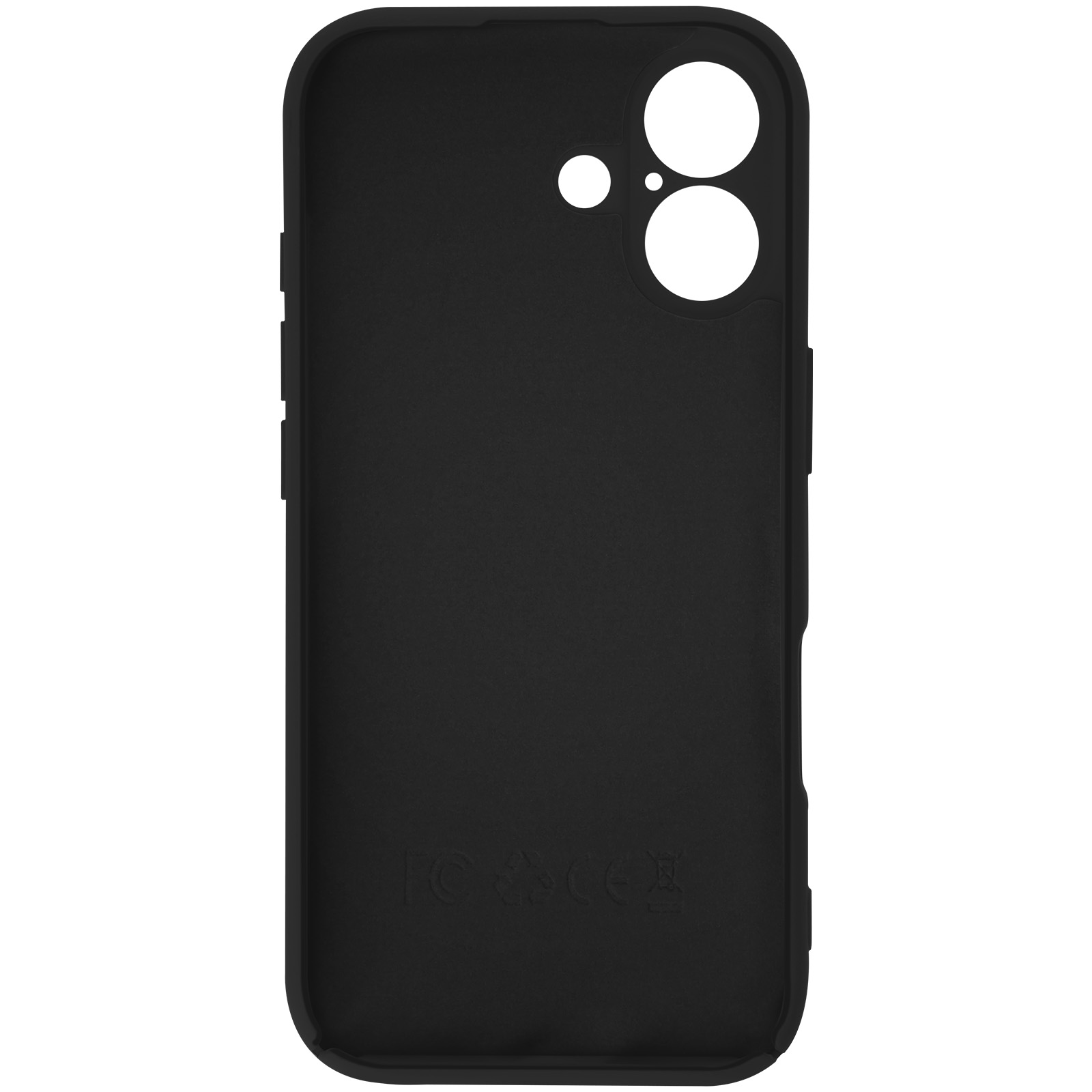 Een zwarte telefoonhoes, met uitsparingen voor camera en flitser. De hoes is effen en heeft een matte afwerking.