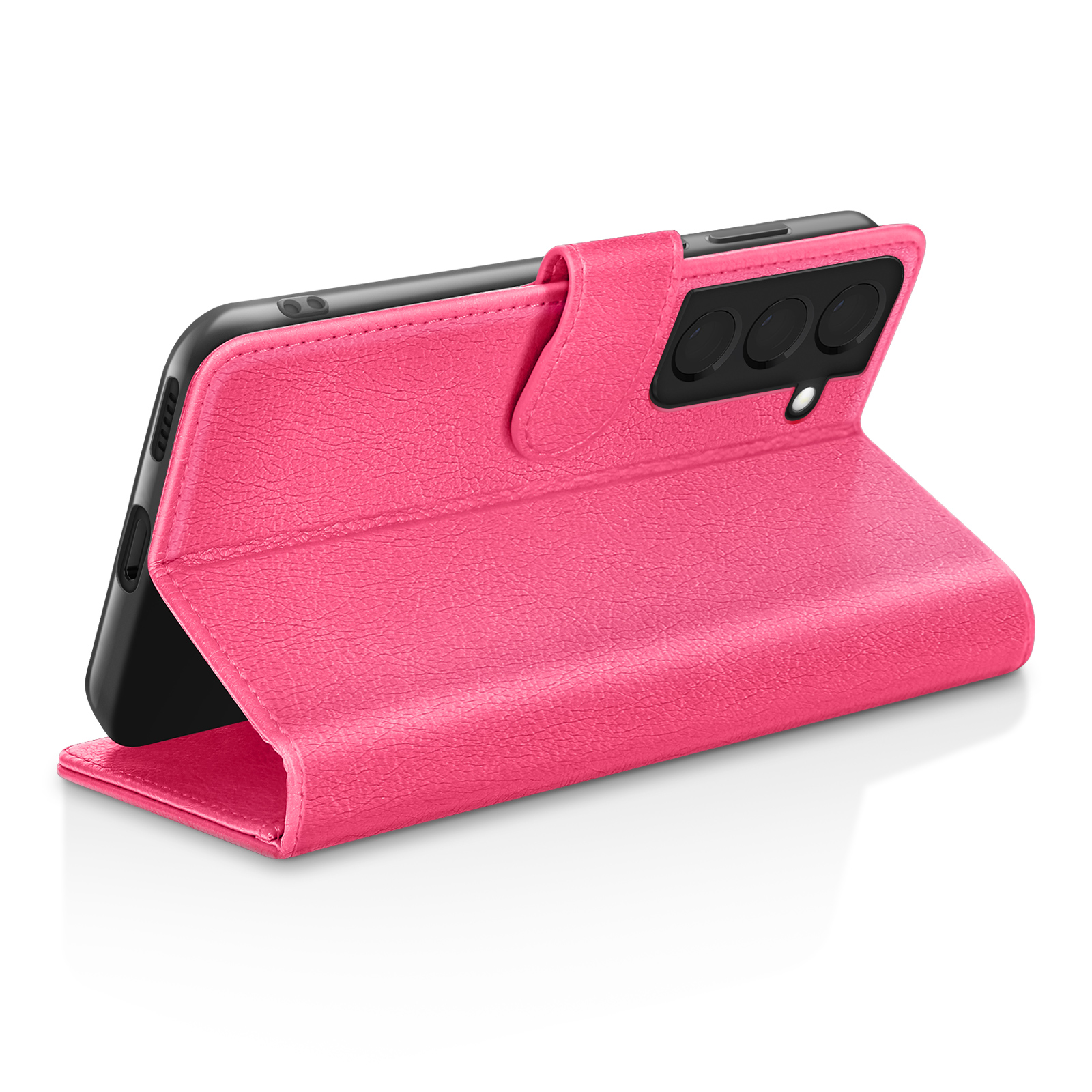 Un étui de téléphone en cuir rose est ouvert, révélant un téléphone noir. L'étui a une finition texturée et une fermeture magnétique.