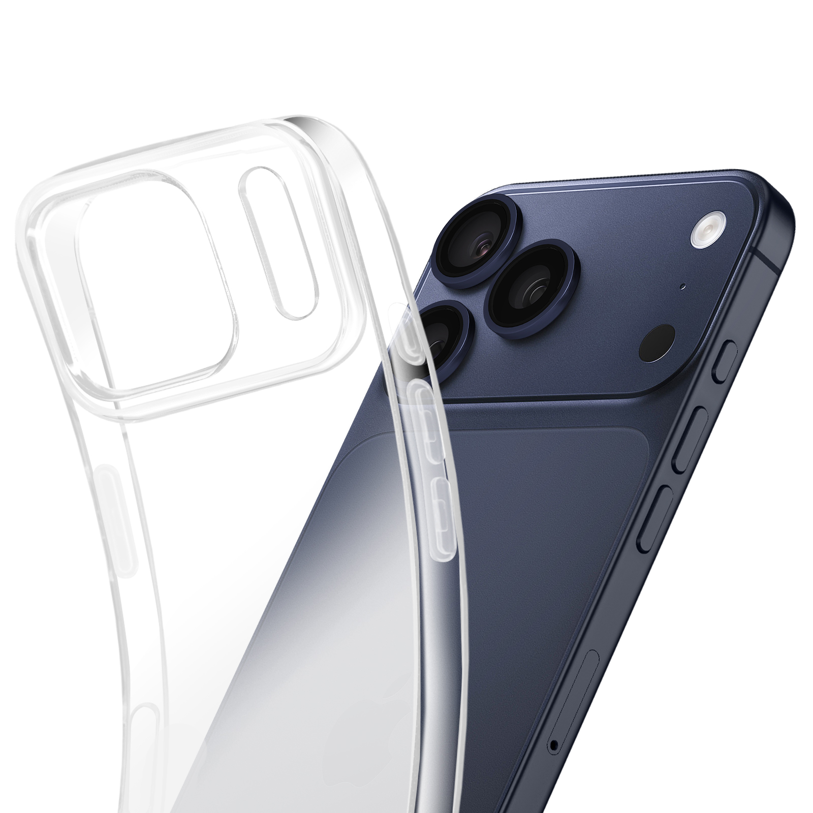 Uno smartphone blu scuro con una custodia trasparente. Il telefono ha tre fotocamere e un flash. La custodia copre parzialmente il telefono.