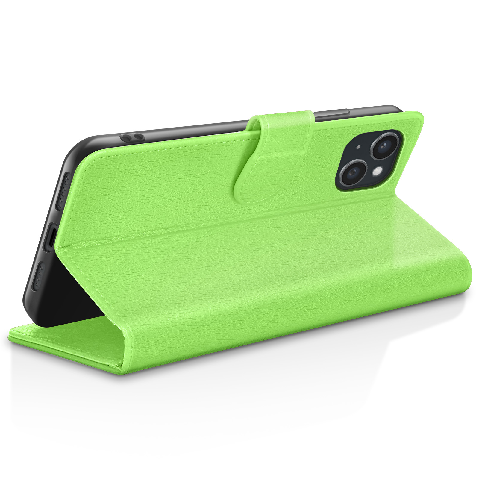 Een limoengroene telefoonhoes, open, met een zwarte telefoon. De hoes heeft een leertextuur en staat op een wit oppervlak.
