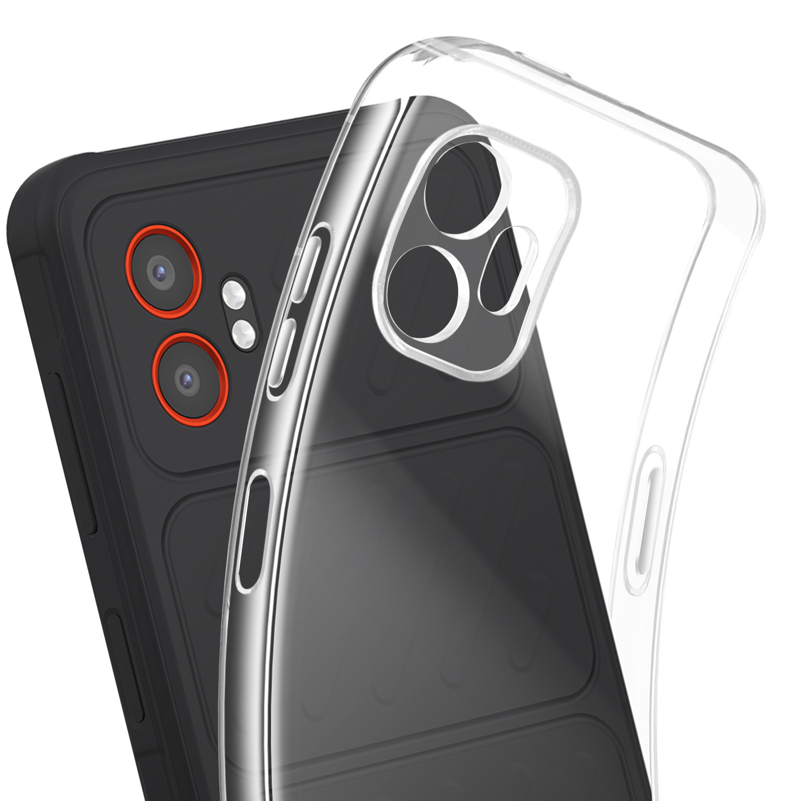 Telefono nero con fotocamere con anelli arancioni e custodia trasparente.