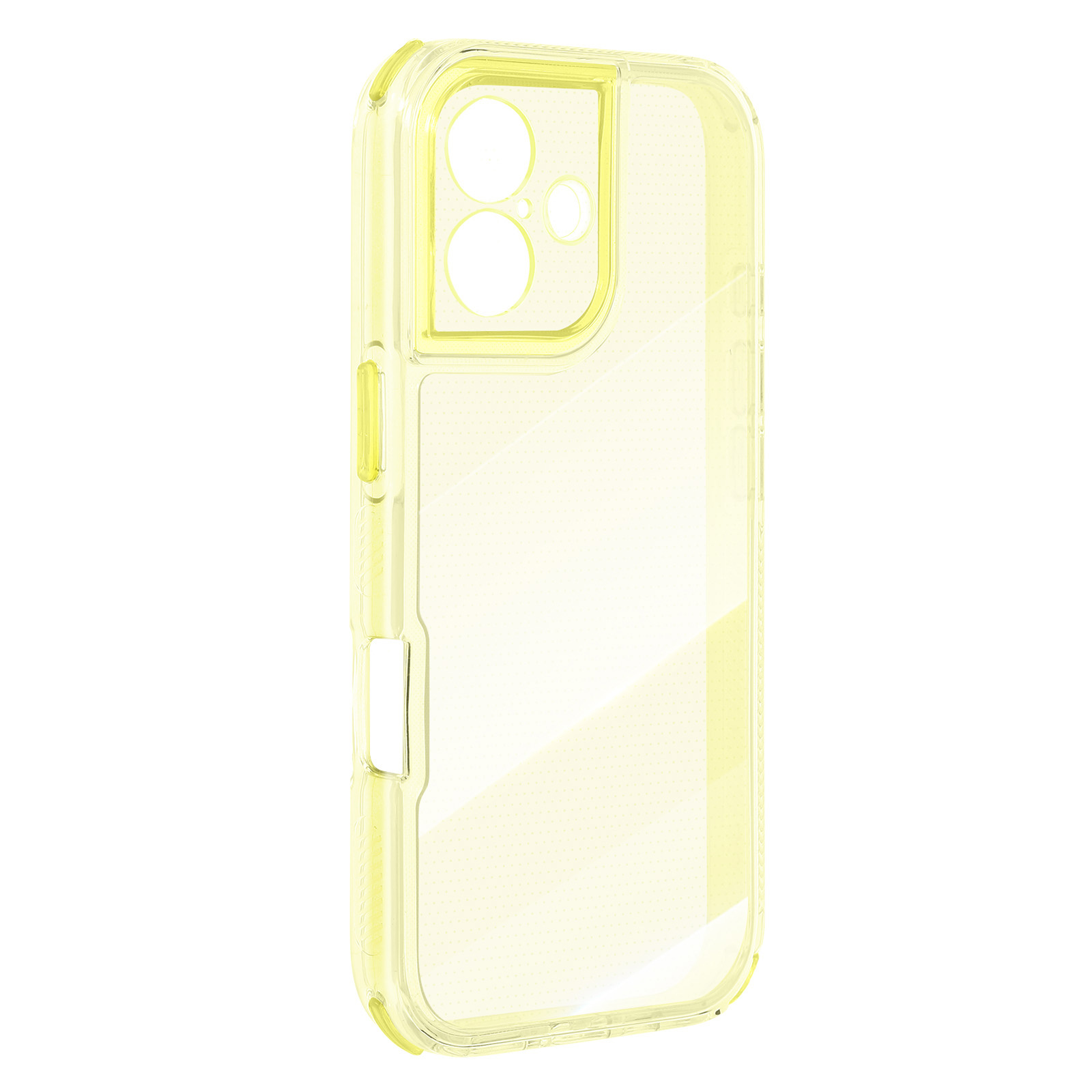 Una custodia gialla per iPhone con retro trasparente. Ha ritagli per fotocamera e pulsanti.
