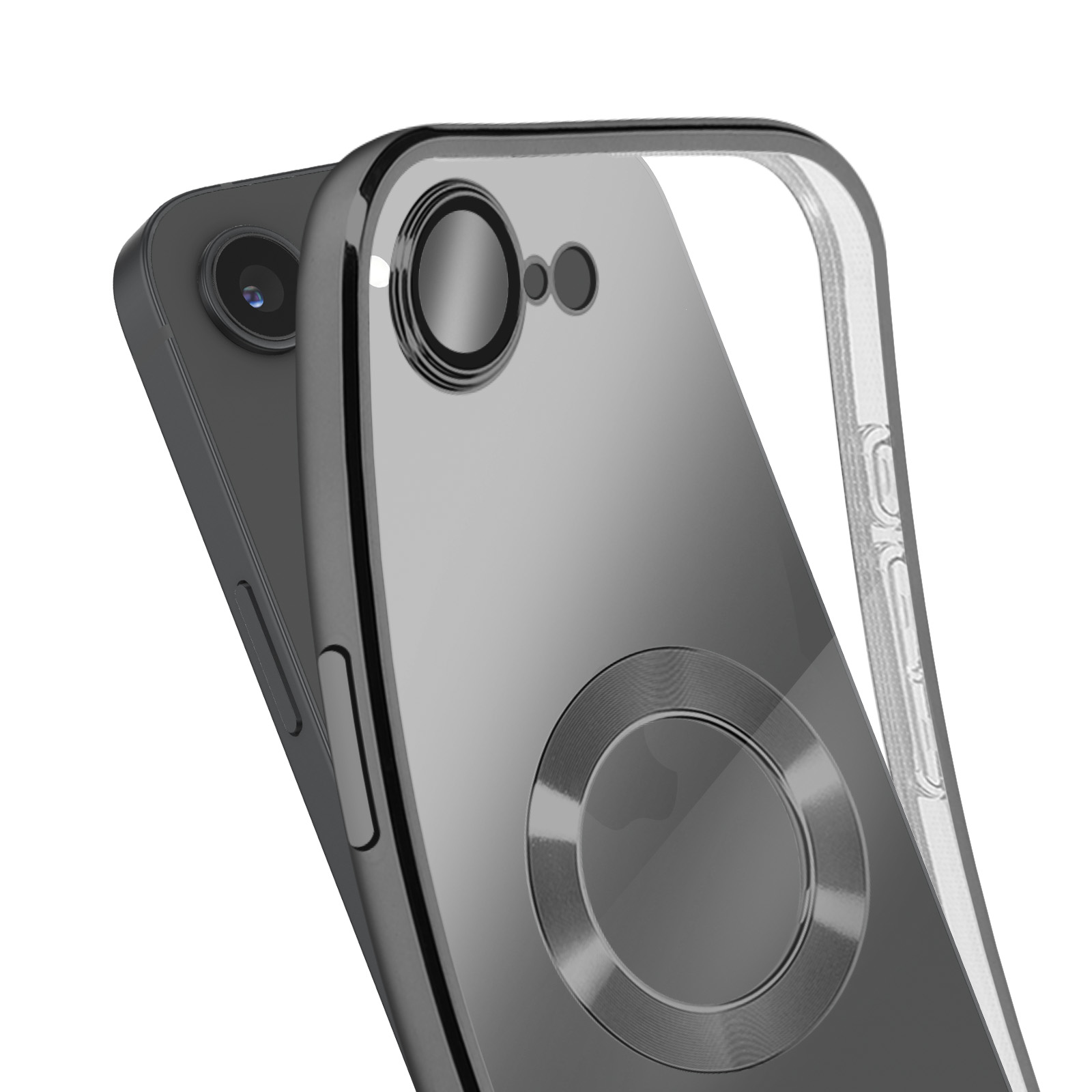 Gros plan d'un téléphone dans un étui transparent. La caméra et les détails du téléphone sont visibles. L'étui a une bague.