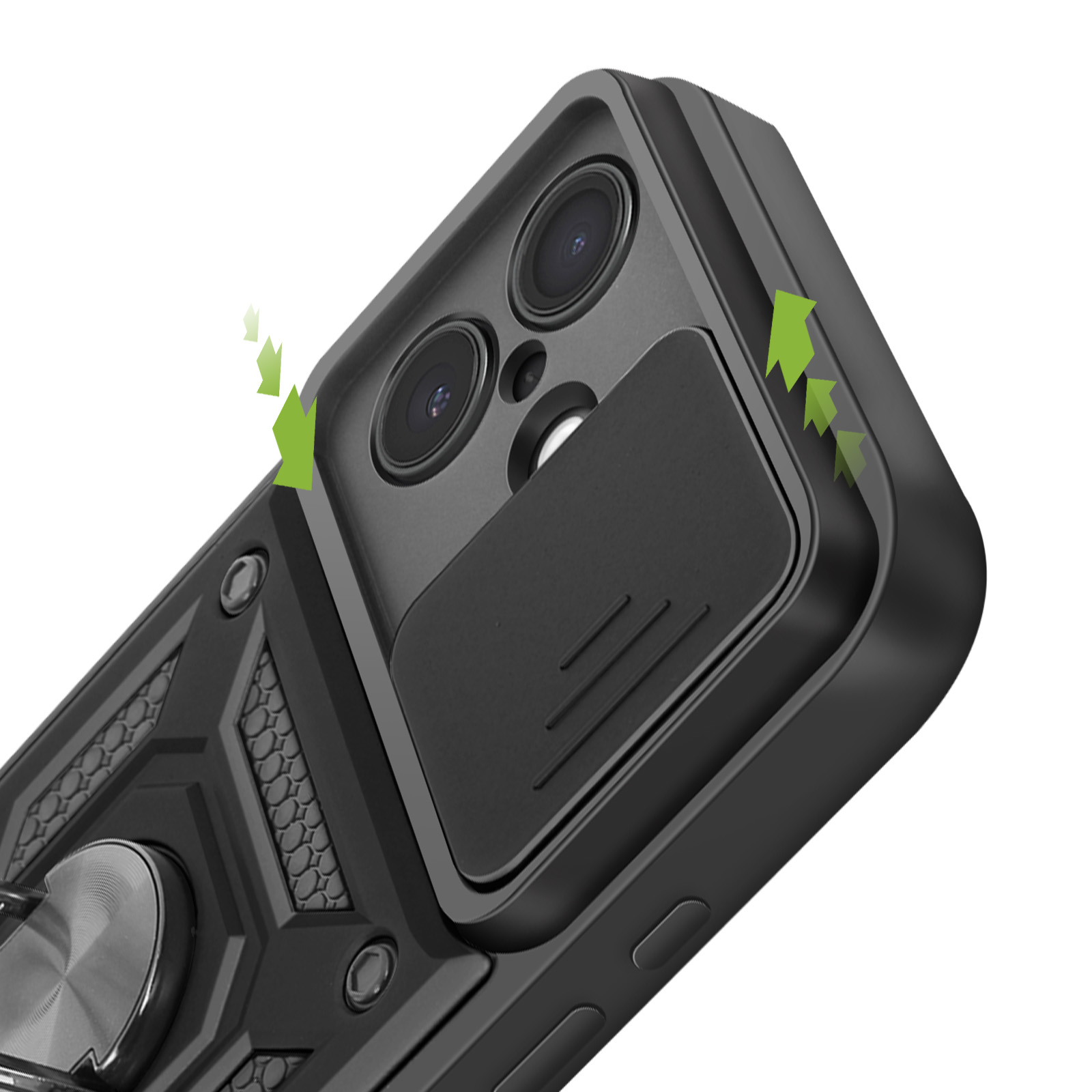 Custodia nera per telefono con fori per fotocamera e copertura scorrevole. Frecce verdi indicano l'apertura. Lo sfondo è bianco.