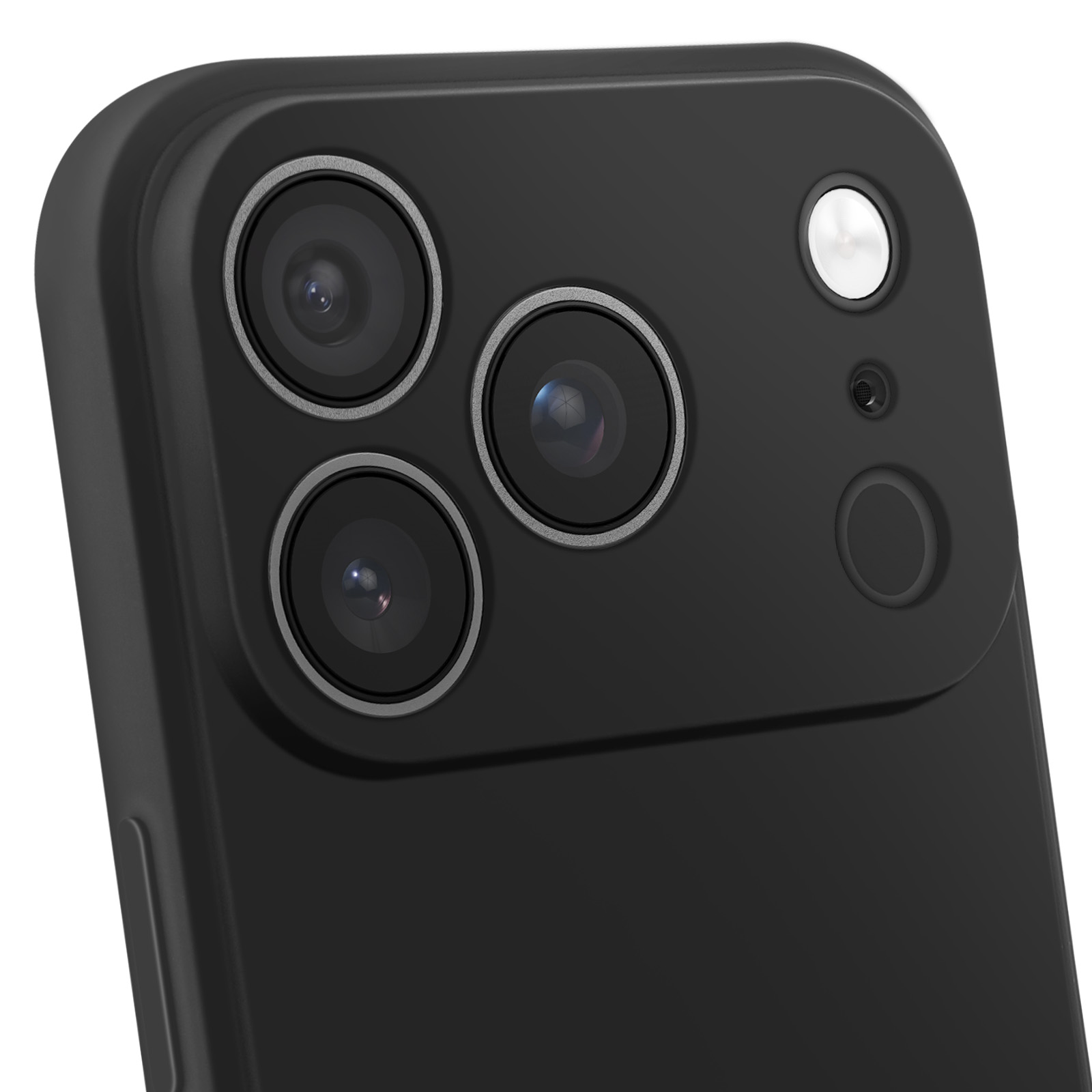 Close-up van een zwarte smartphone met drie cameralenzen, een flitser en andere sensoren. De telefoon is zwart.
