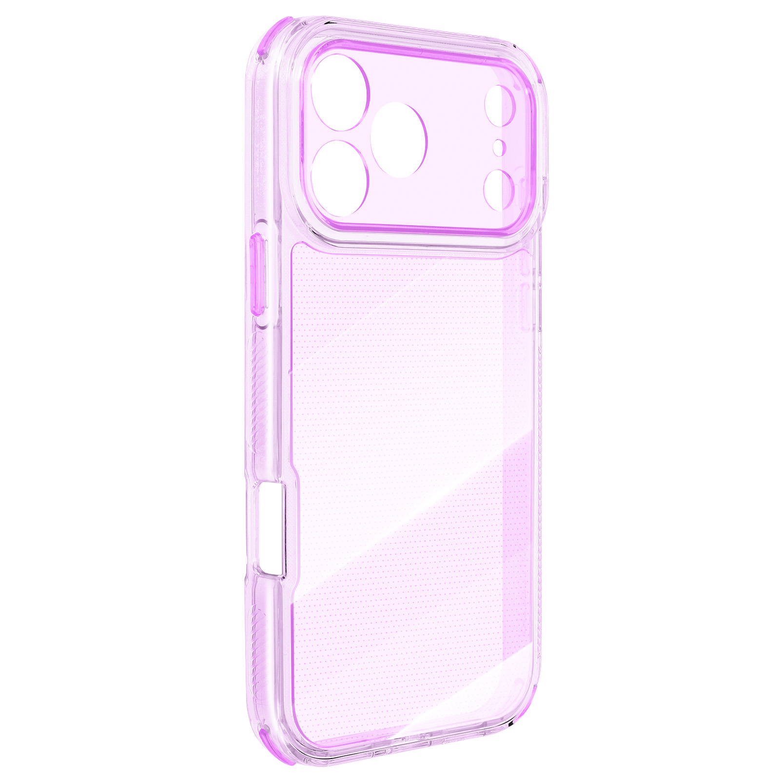 Een transparante iPhone-hoes met paars frame. Het heeft uitsparingen voor de camera en een gestippelde textuur op de achterkant.