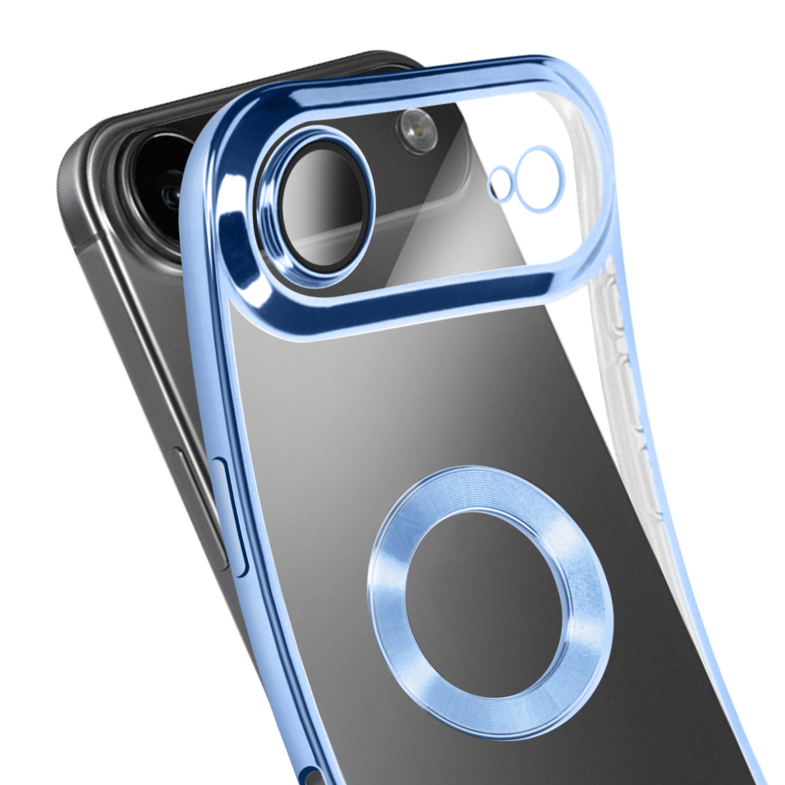 Un telefono in una custodia protettiva blu. La custodia ha un anello per la fotocamera e un design circolare sul retro.