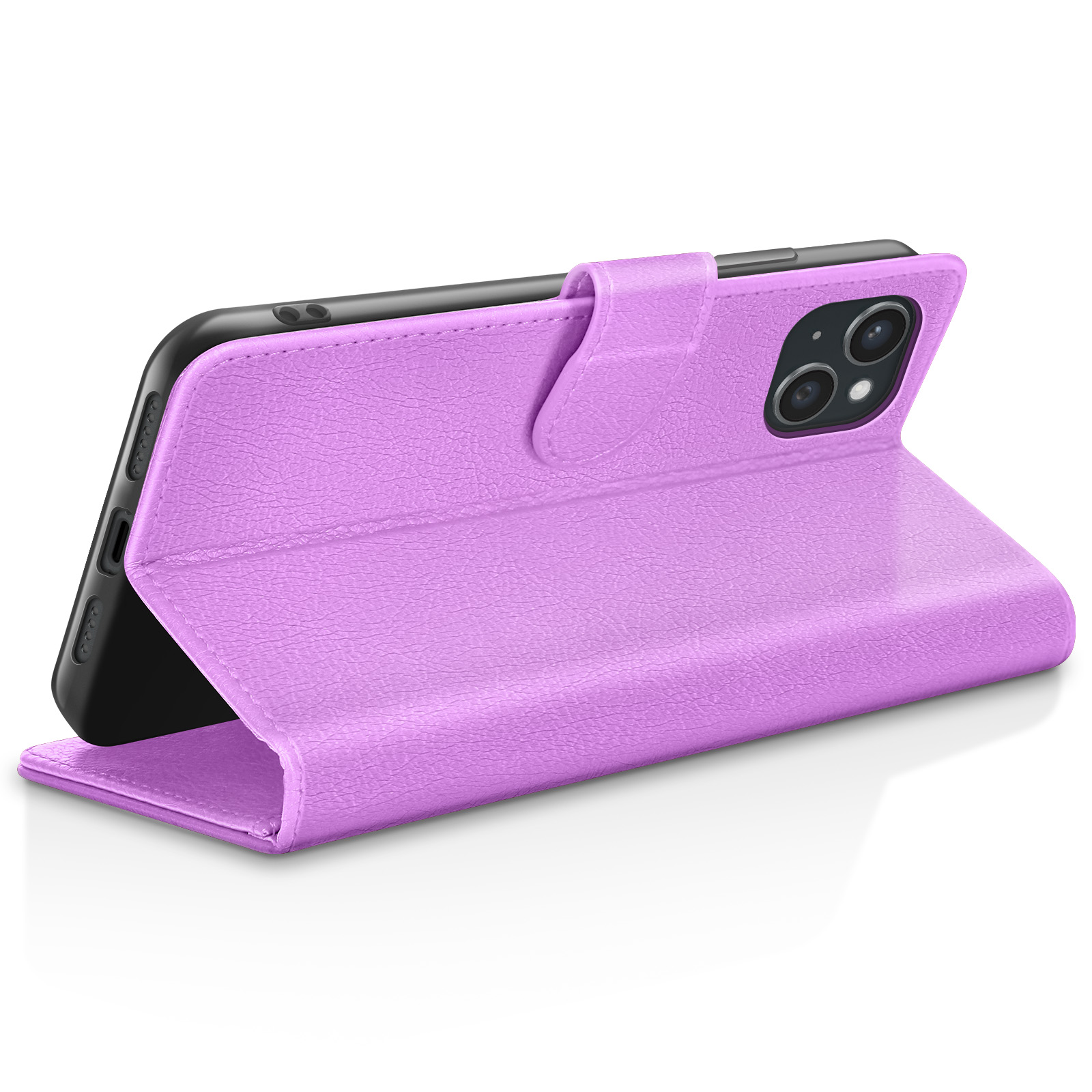 Een paarse telefoonhoes is opengeklapt. Er zit een zwarte telefoon in. De hoes heeft een magnetische sluiting.