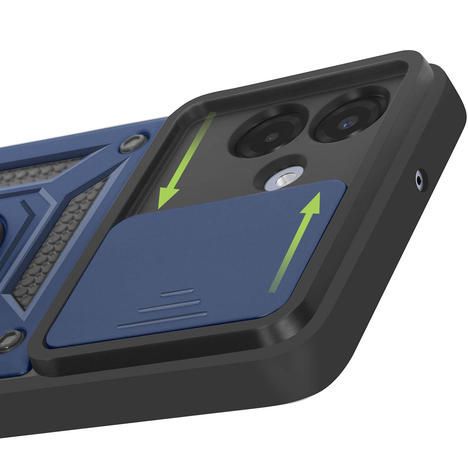 Close-up van een telefoonhoesje met camera-uitsparingen en een blauwe schuifklep. Zwart en blauw zijn zichtbaar.