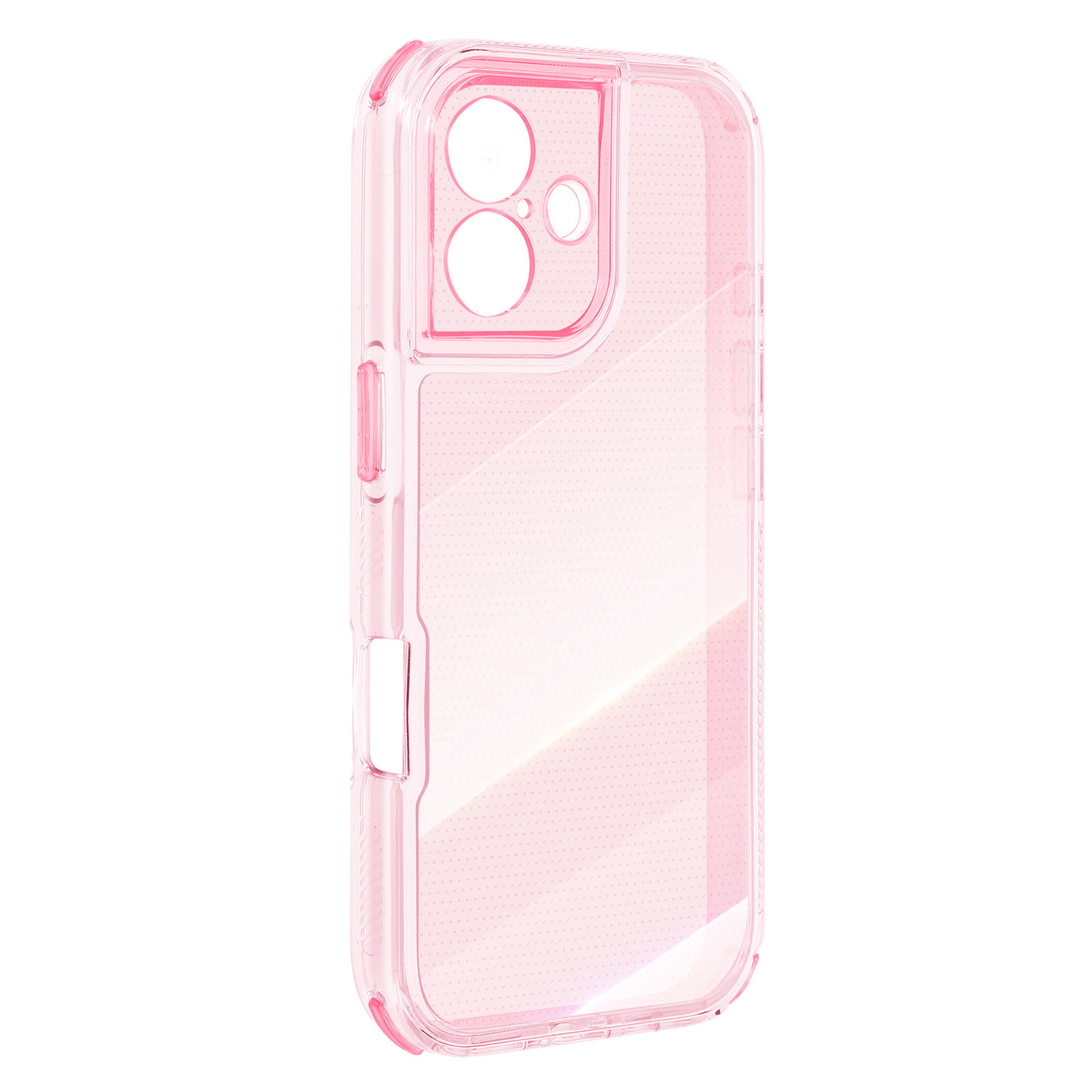 Una custodia per telefono rosa trasparente. Ha ritagli per la fotocamera e un pulsante laterale. Lo sfondo è bianco.