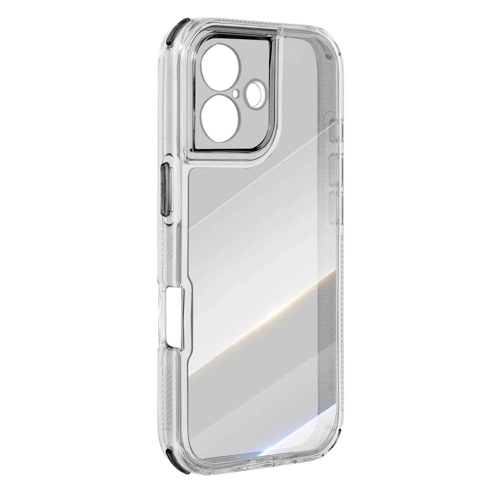 Transparante telefoonhoes. Het heeft uitsparingen voor de camera en knoppen. De hoes is transparant en van plastic.