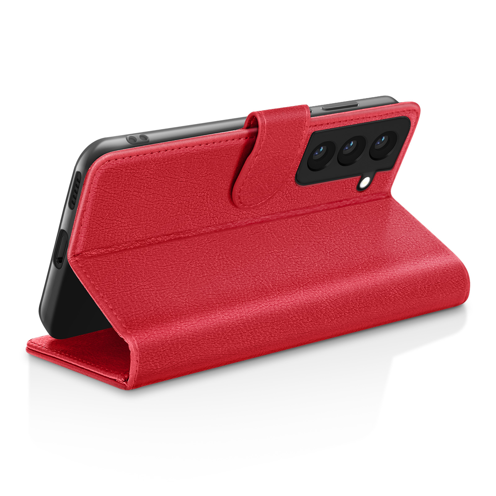 Étui de téléphone rouge, ouvert, montrant un téléphone noir. L'étui est en cuir texturé.