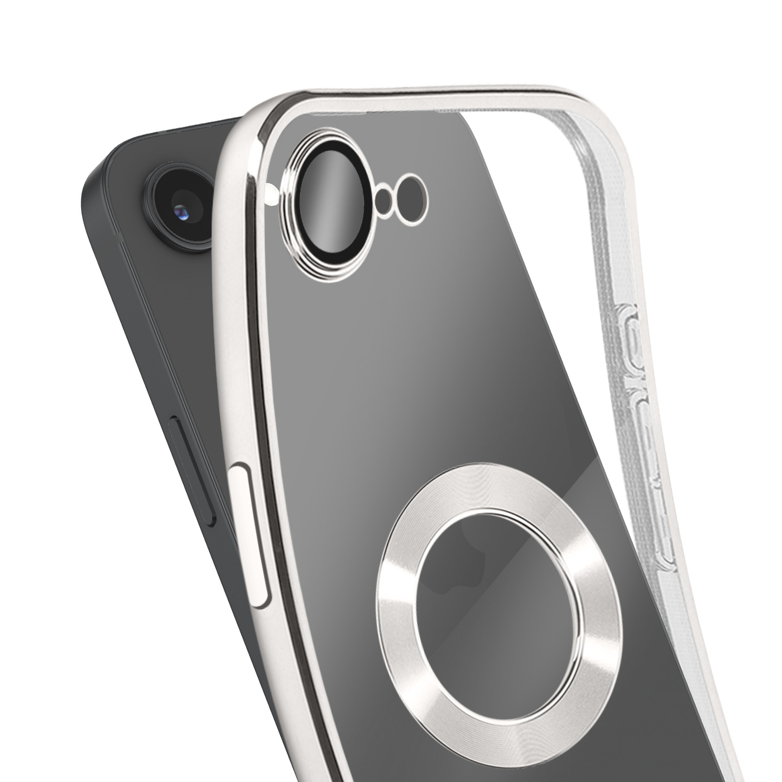 Gros plan d'un téléphone dans un étui transparent. Le téléphone est gris et l'étui a des accents argentés.