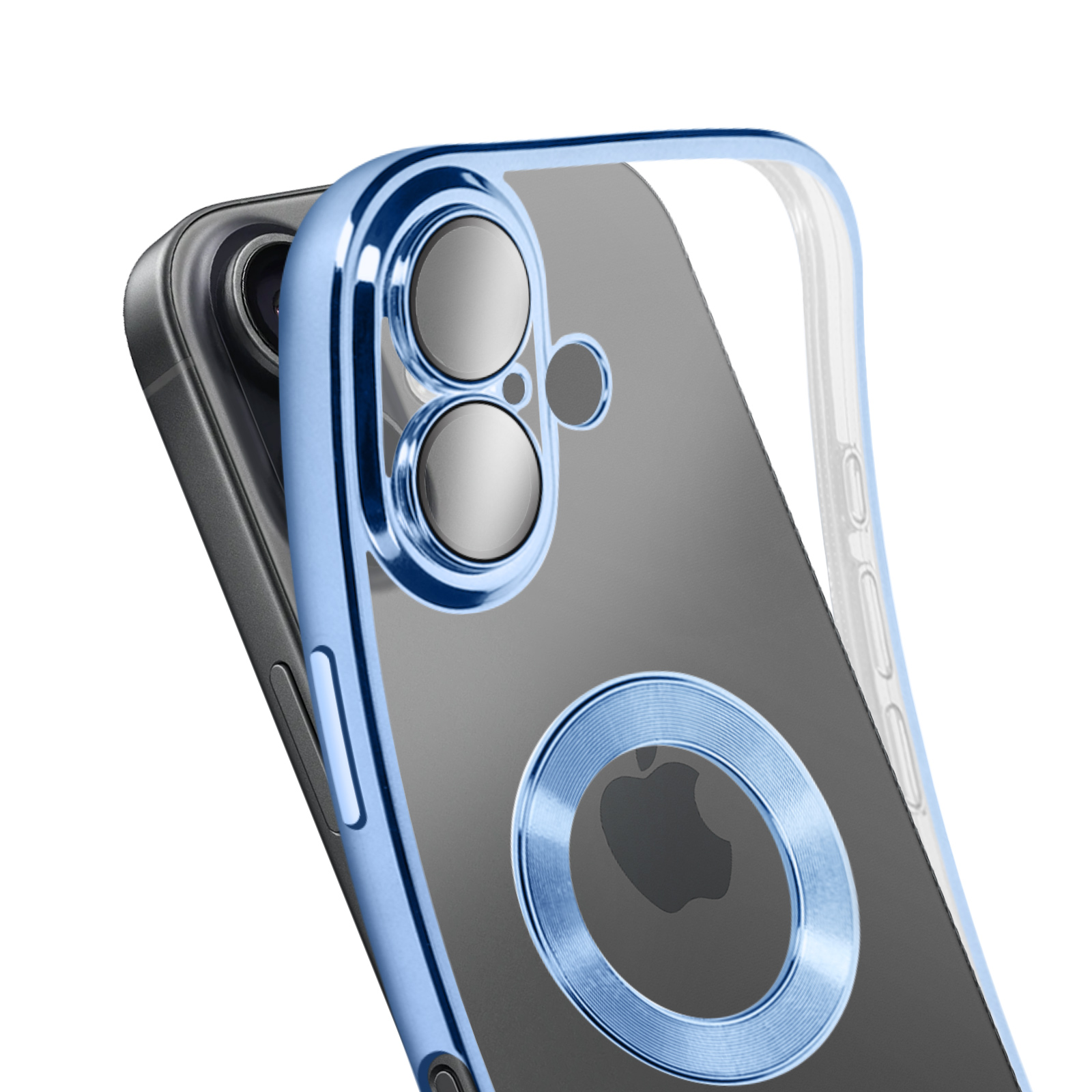 Un étui de téléphone, transparent avec des accents bleus, couvre un téléphone gris foncé. L'étui a un anneau de caméra bleu et un cadre.