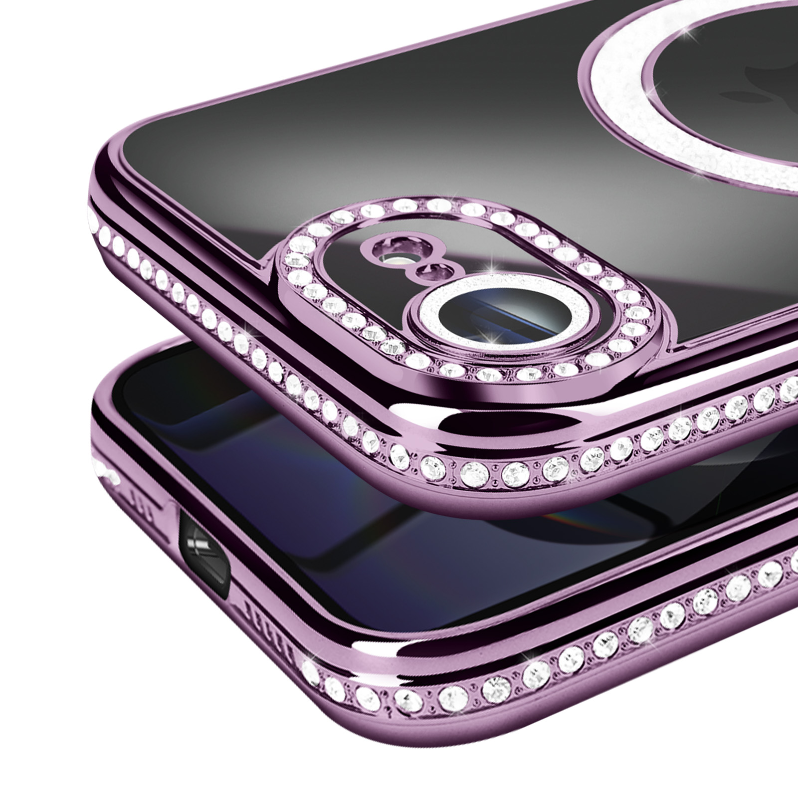 Close-up van een telefoonhoesje met ingebedde strass-steentjes. De hoes is paars met een doorzichtige achterkant en een decoratieve ring.