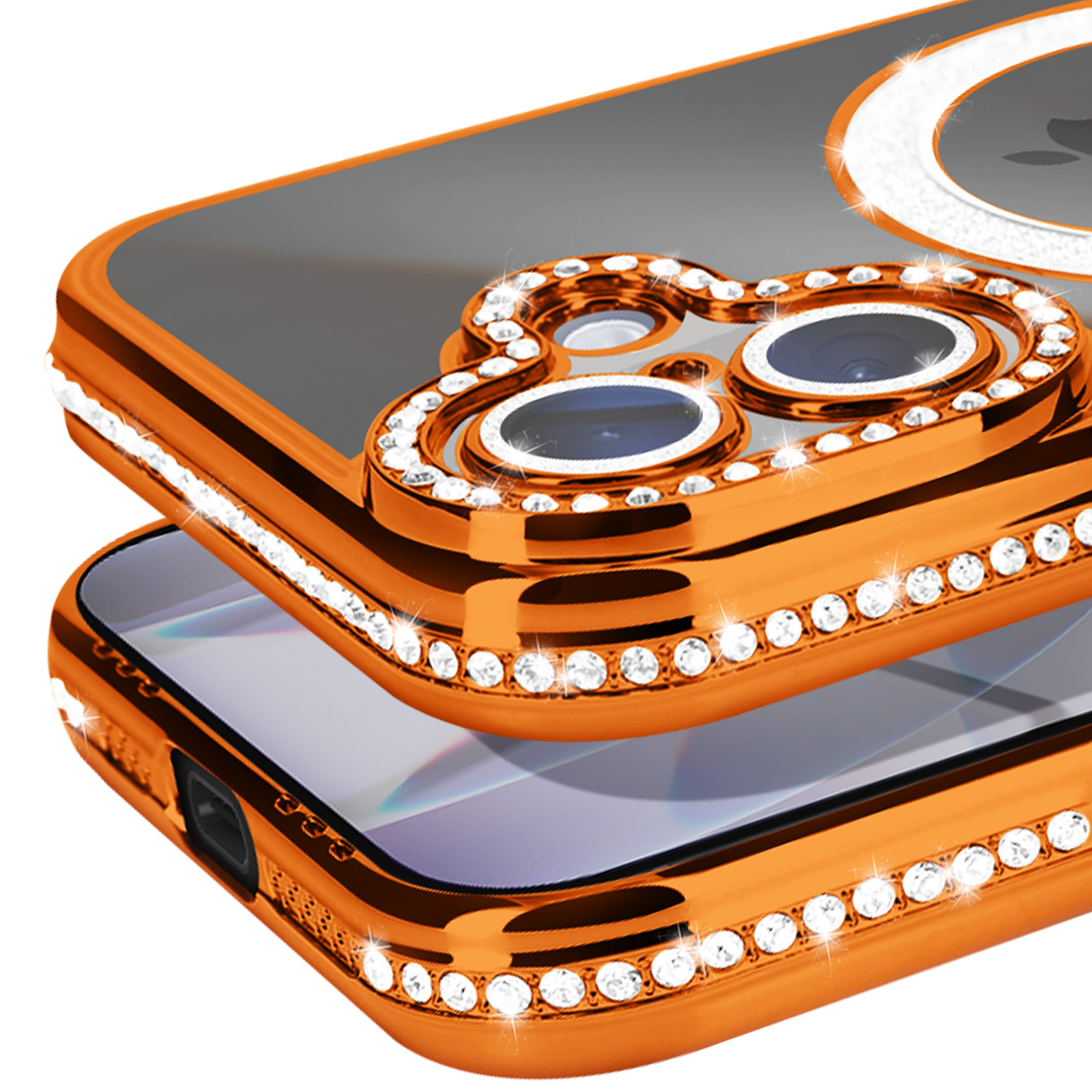 Gros plan sur une coque de téléphone avec bordure dorée et strass. La coque a un anneau de caméra. Le fond est blanc.