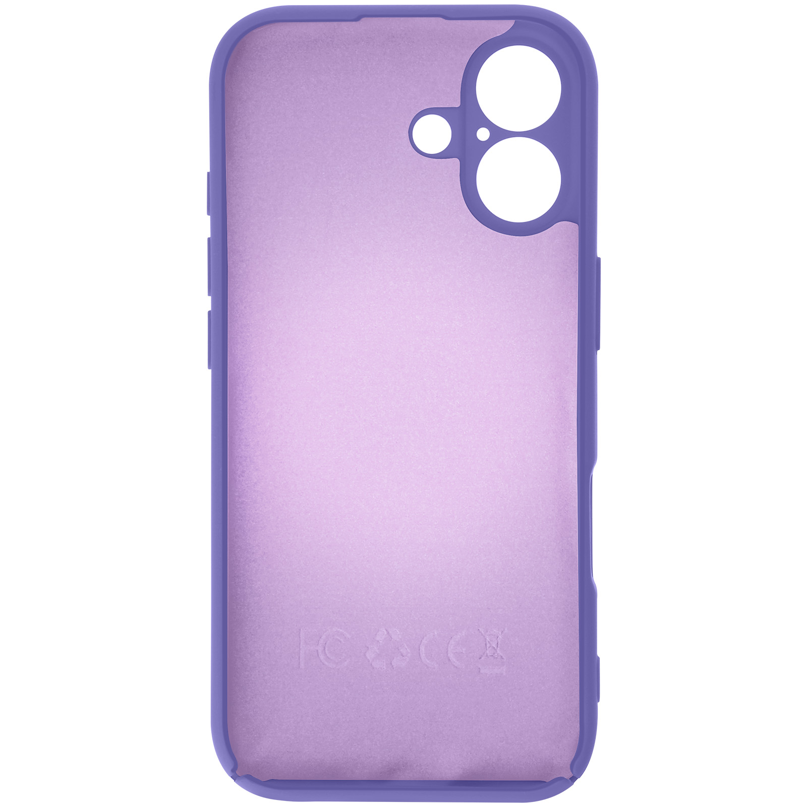 Una custodia per telefono viola, interno lavanda, con aperture per fotocamera e pulsanti. La custodia è vuota.