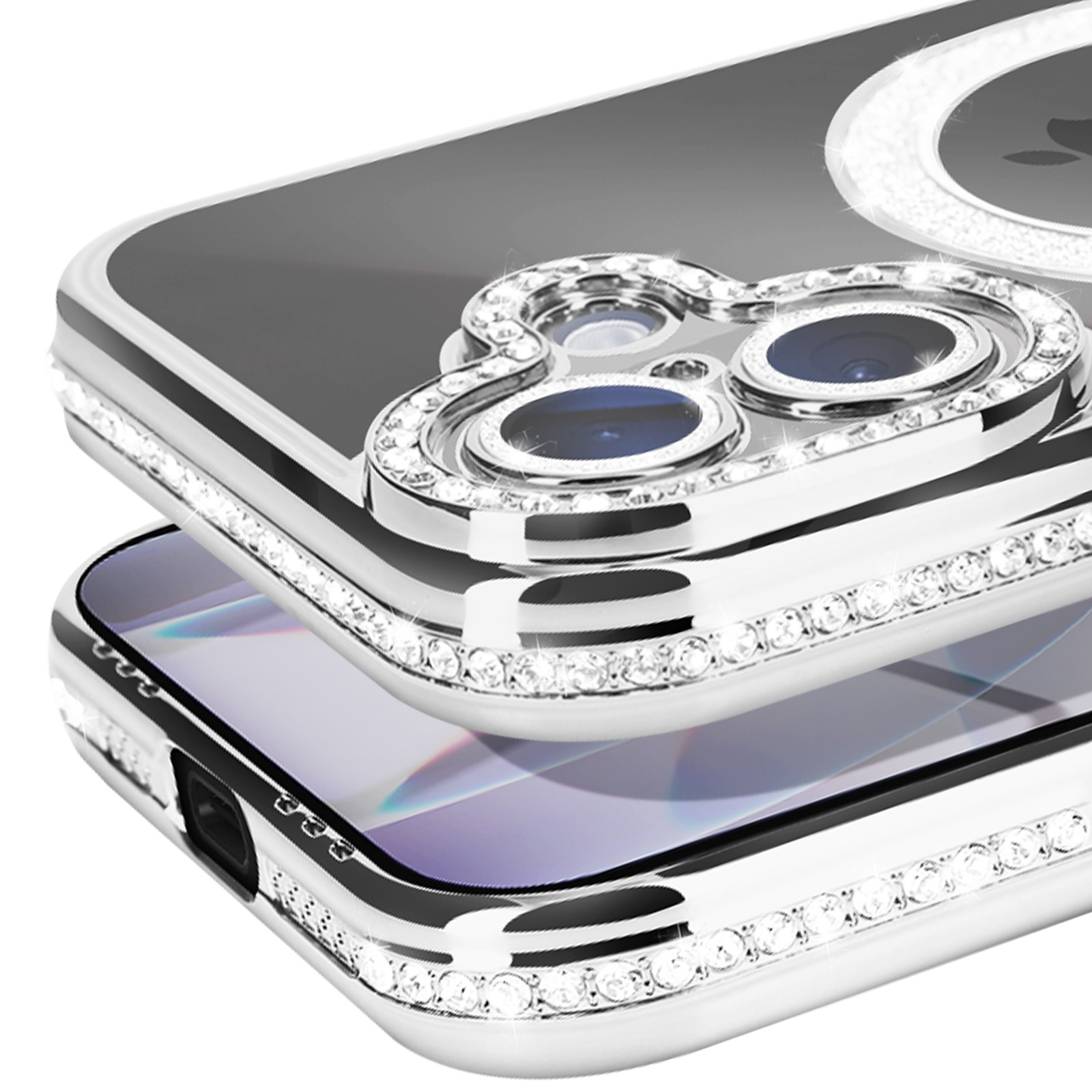 Gros plan sur un étui de téléphone avec des strass. L'étui est argenté avec une surface noire réfléchissante.