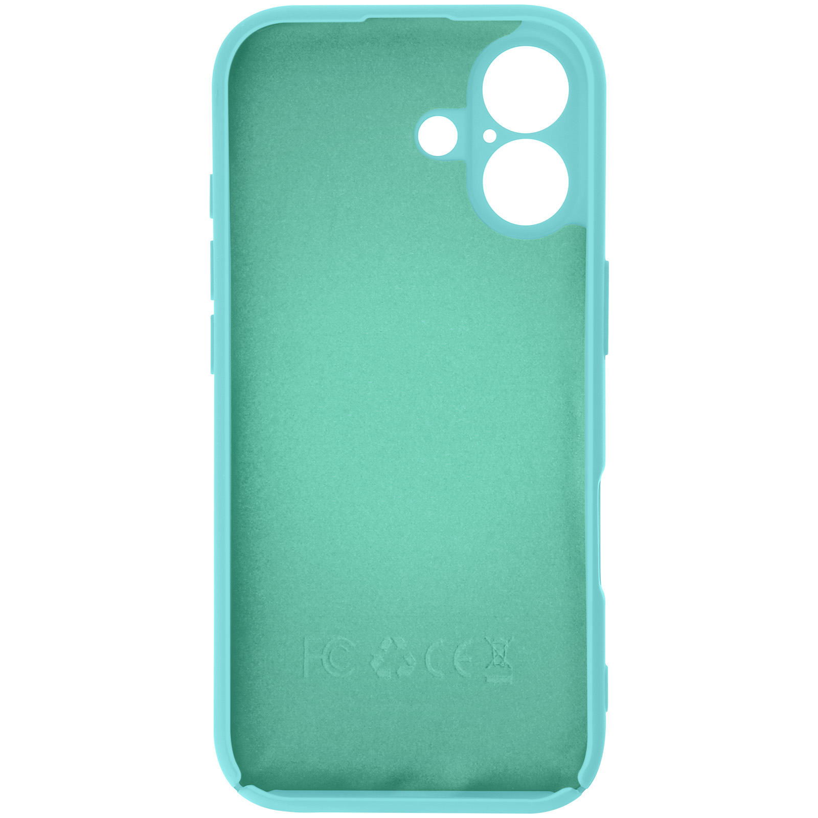 L'interno di una custodia per telefono color verde acqua è visibile, con ritagli per la fotocamera e simboli normativi. Sfondo bianco.