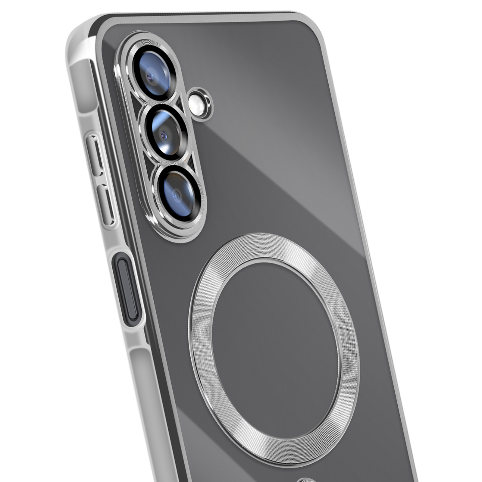 Close-up van een telefoonhoesje met een cameramodule. De case is grijs met zilveren accenten en een magnetische ring.