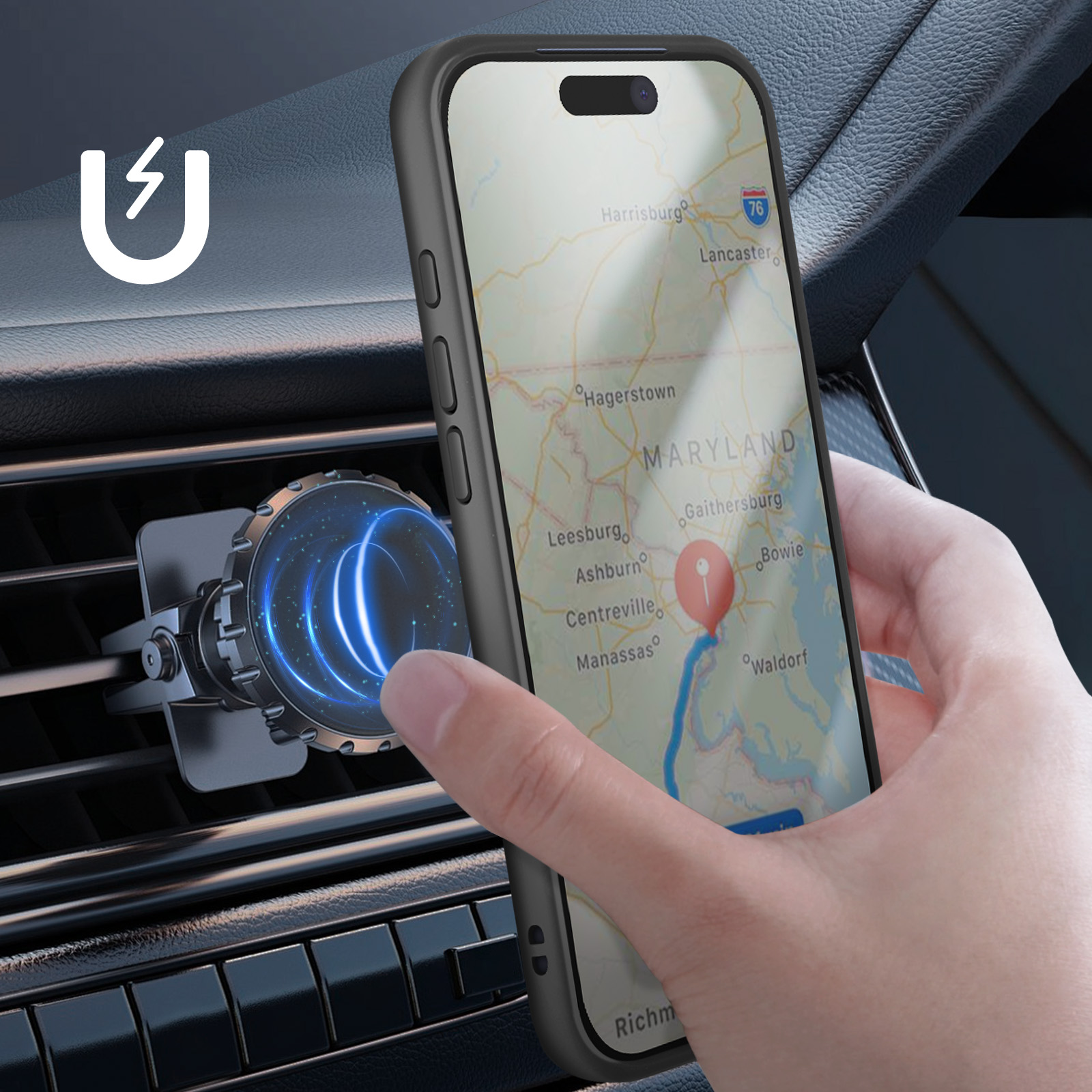 Un telefono con mappa è montato su una bocchetta dell'auto. Una mano tocca lo schermo. È presente anche un supporto magnetico.