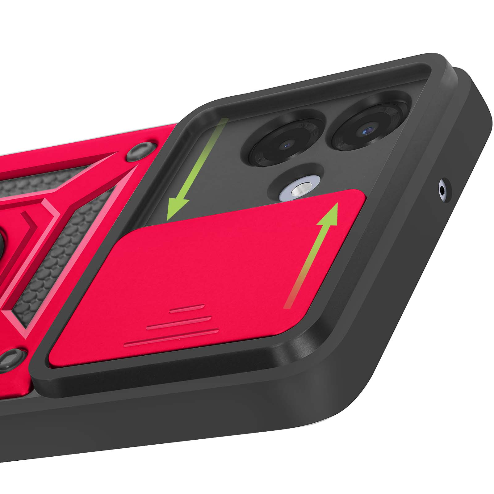 Rode en zwarte telefoonhoes met camera-uitsparingen en een rode schuifafdekking. Groene pijlen geven beweging aan.