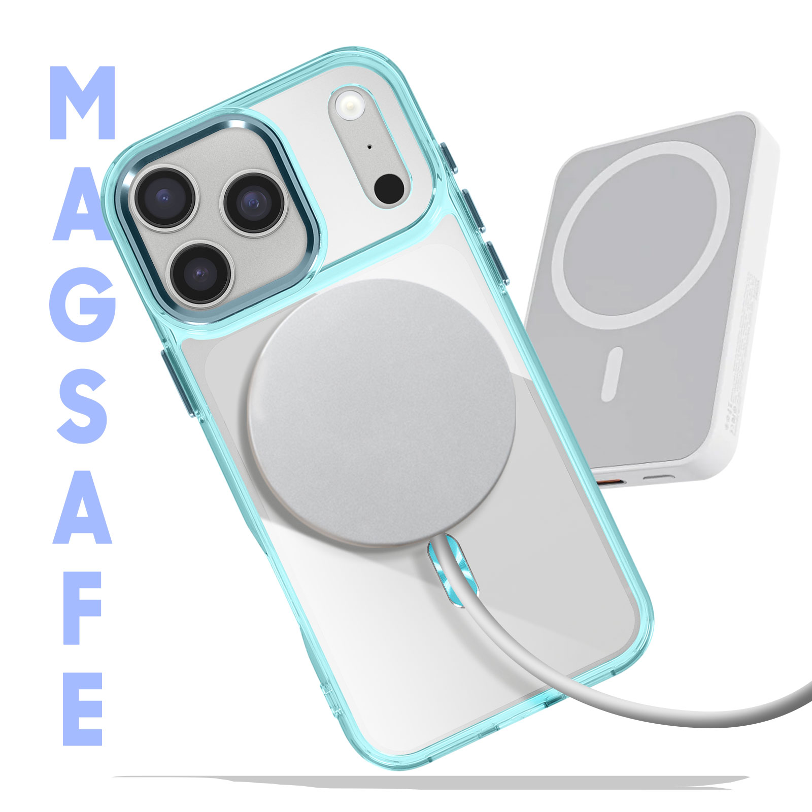 Un iPhone dans un étui turquoise avec un chargeur MagSafe. Le mot MAGSAFE est écrit verticalement. Fond blanc.