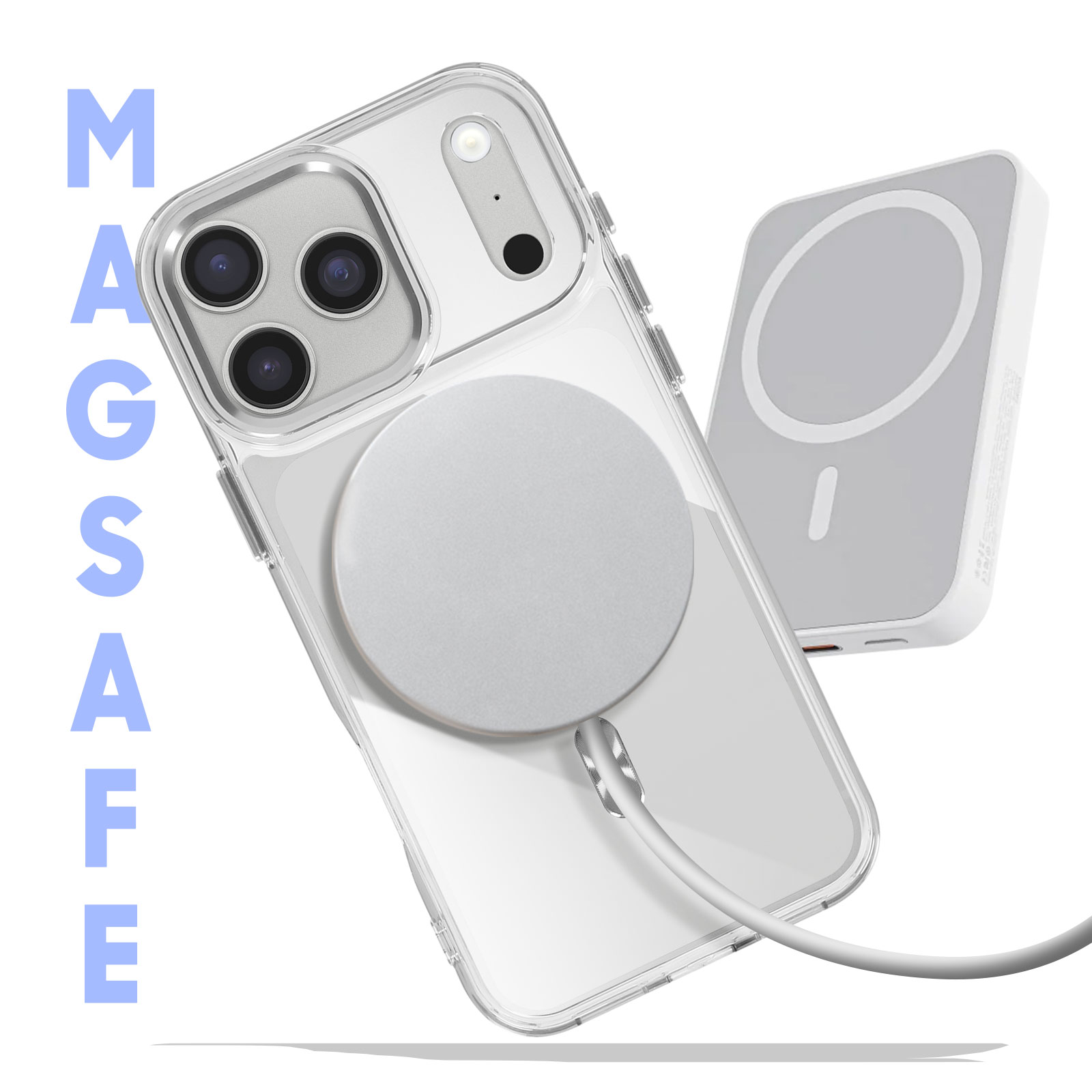 Coque transparente pour iPhone avec chargeur MagSafe. Le mot MAGSAFE est écrit en bleu. Fond blanc.