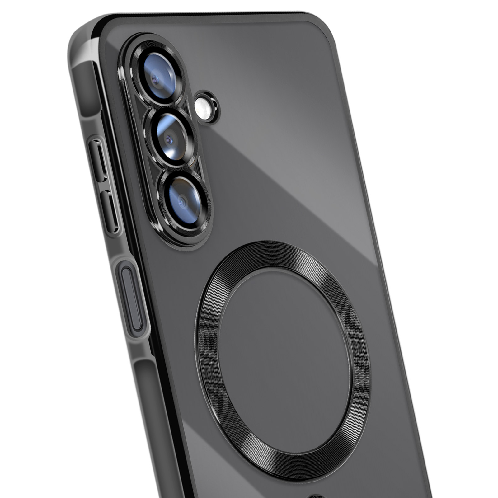 Een transparante telefoonhoes met drie cameralenzen. Een zwarte ring aan de achterkant voor draadloos opladen.