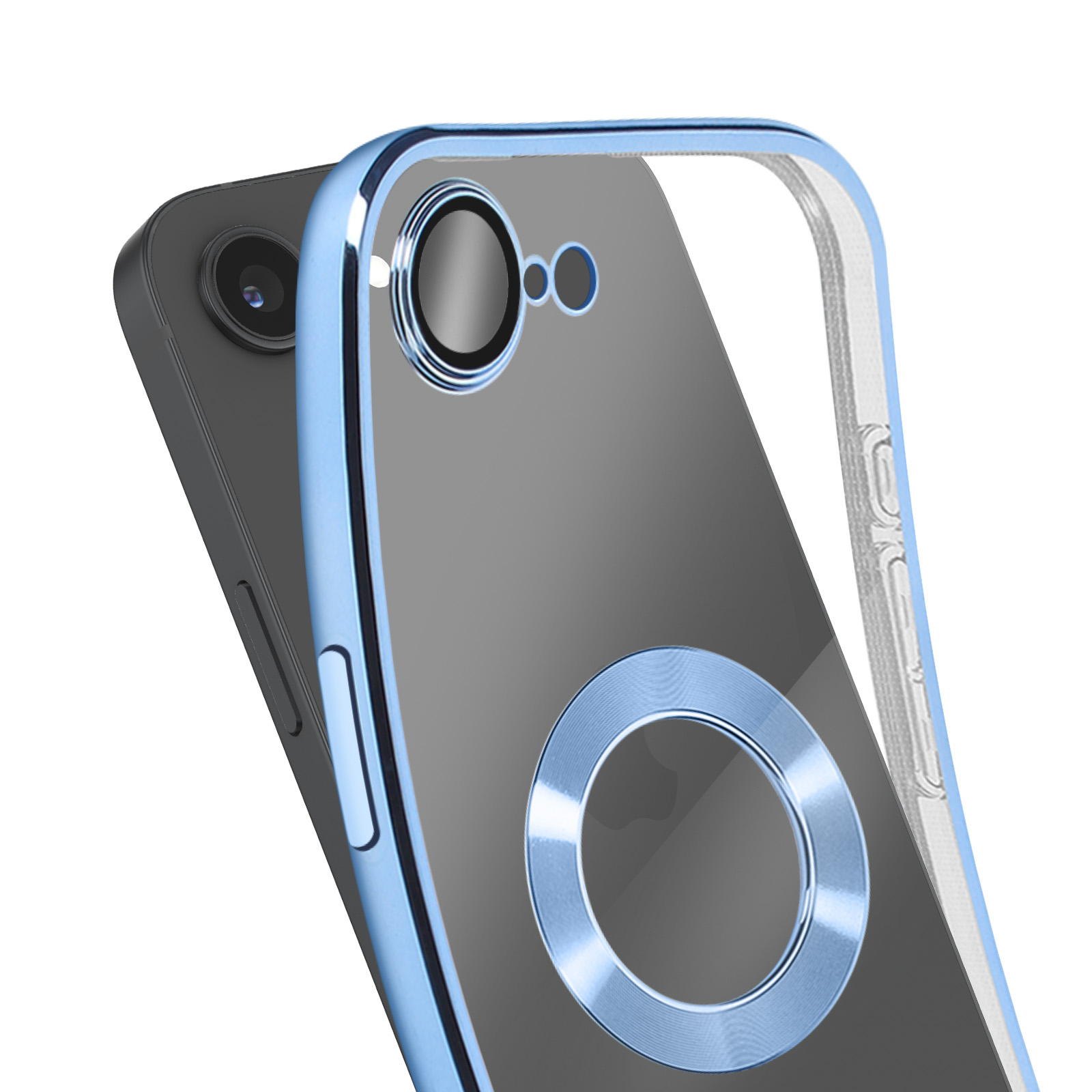 Un téléphone dans une coque transparente à bord bleu. Le téléphone est gris. La coque a un trou pour la caméra et un anneau.